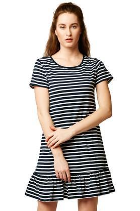 womens round neck stripe short dress - navy