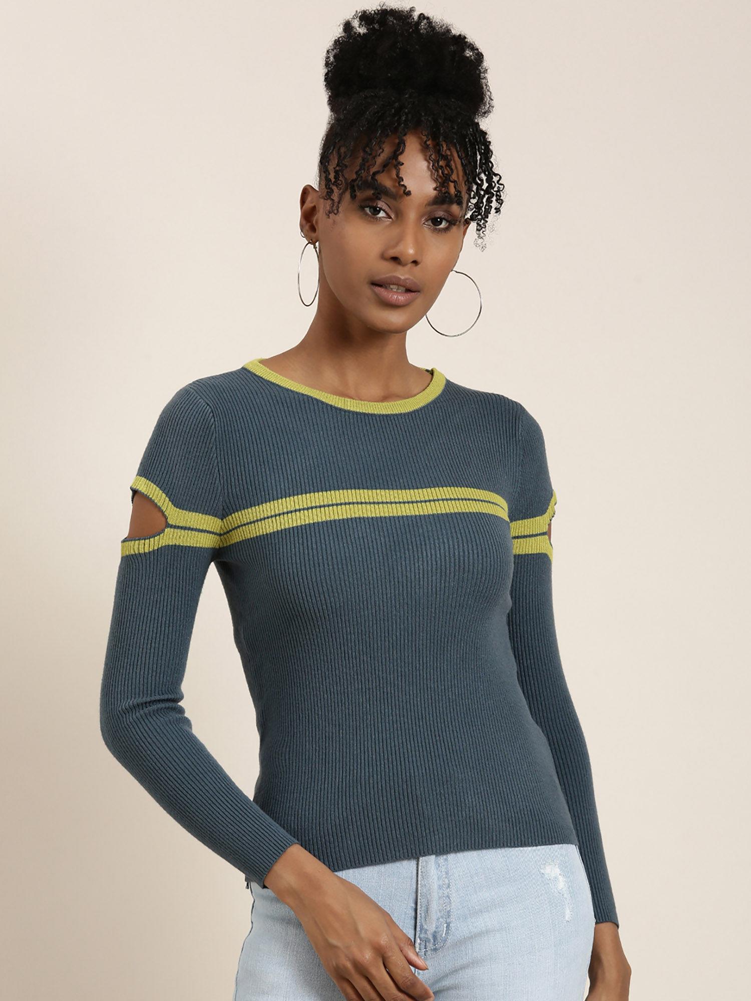 womens round neck stripes full sleeves regular teal top