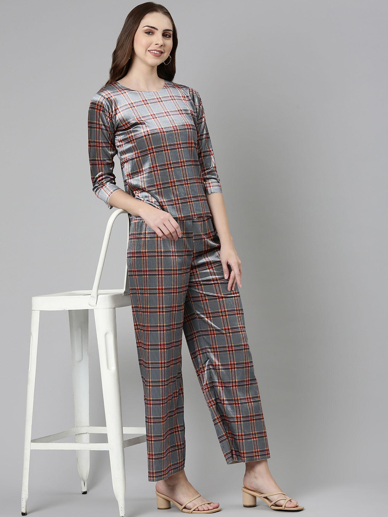 womens round neck three-quarter sleeves grey checked co-ords (set of 2)