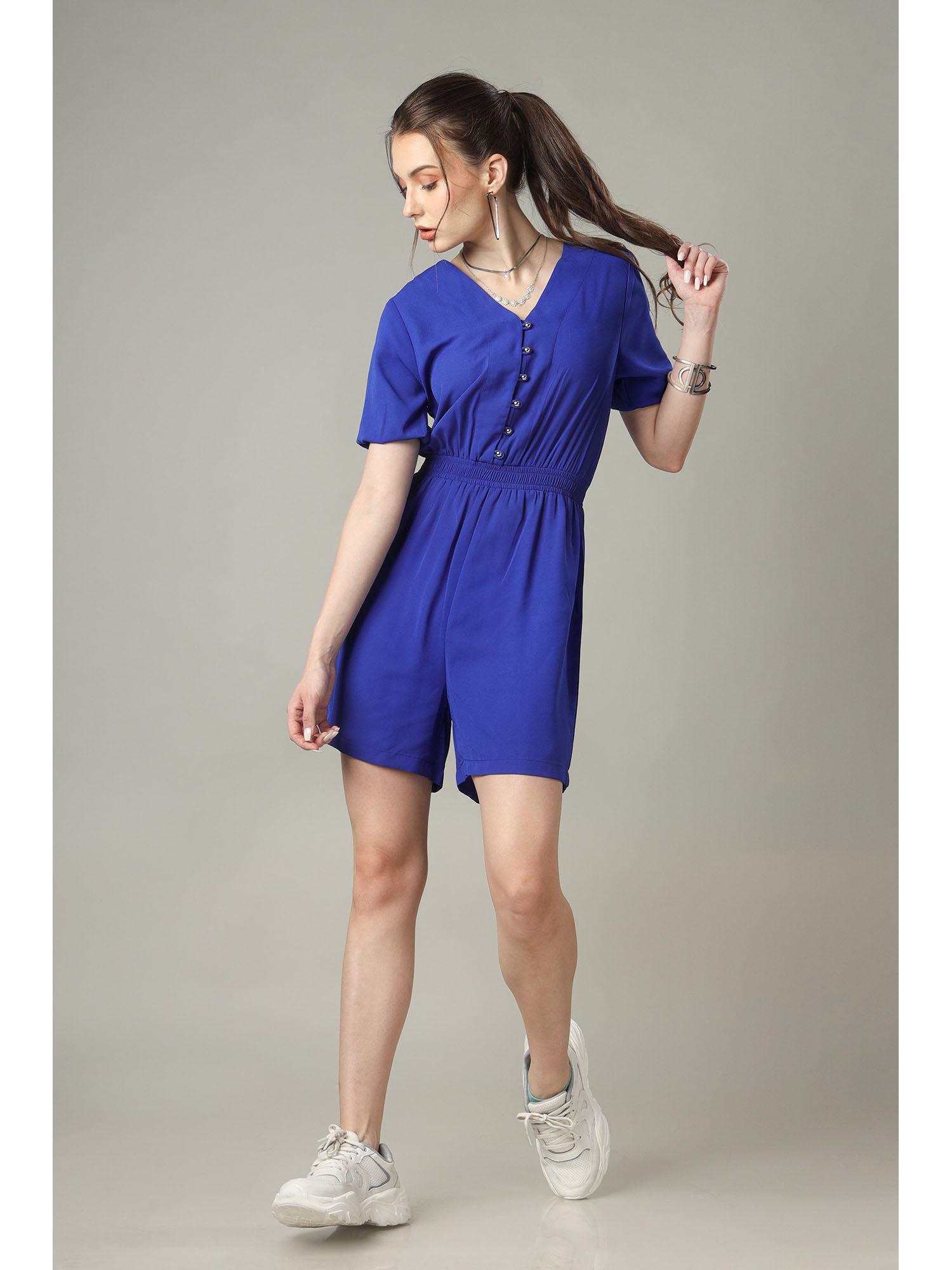 womens royal blue elastic waist romper jumpsuit