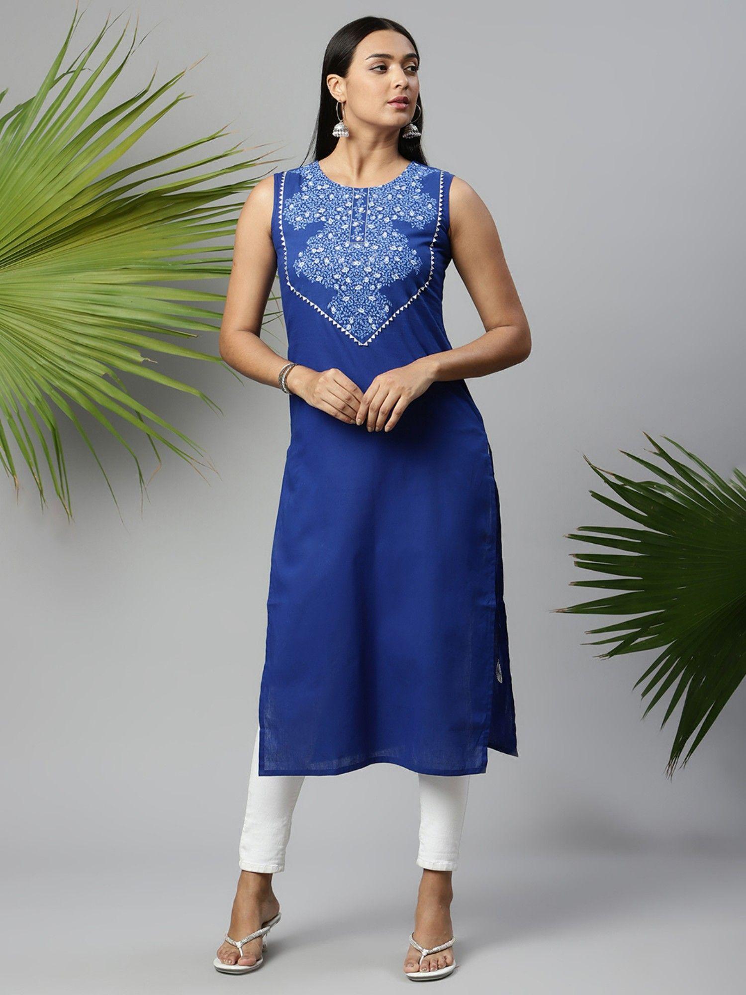 womens royal blue pure cotton printed kurta