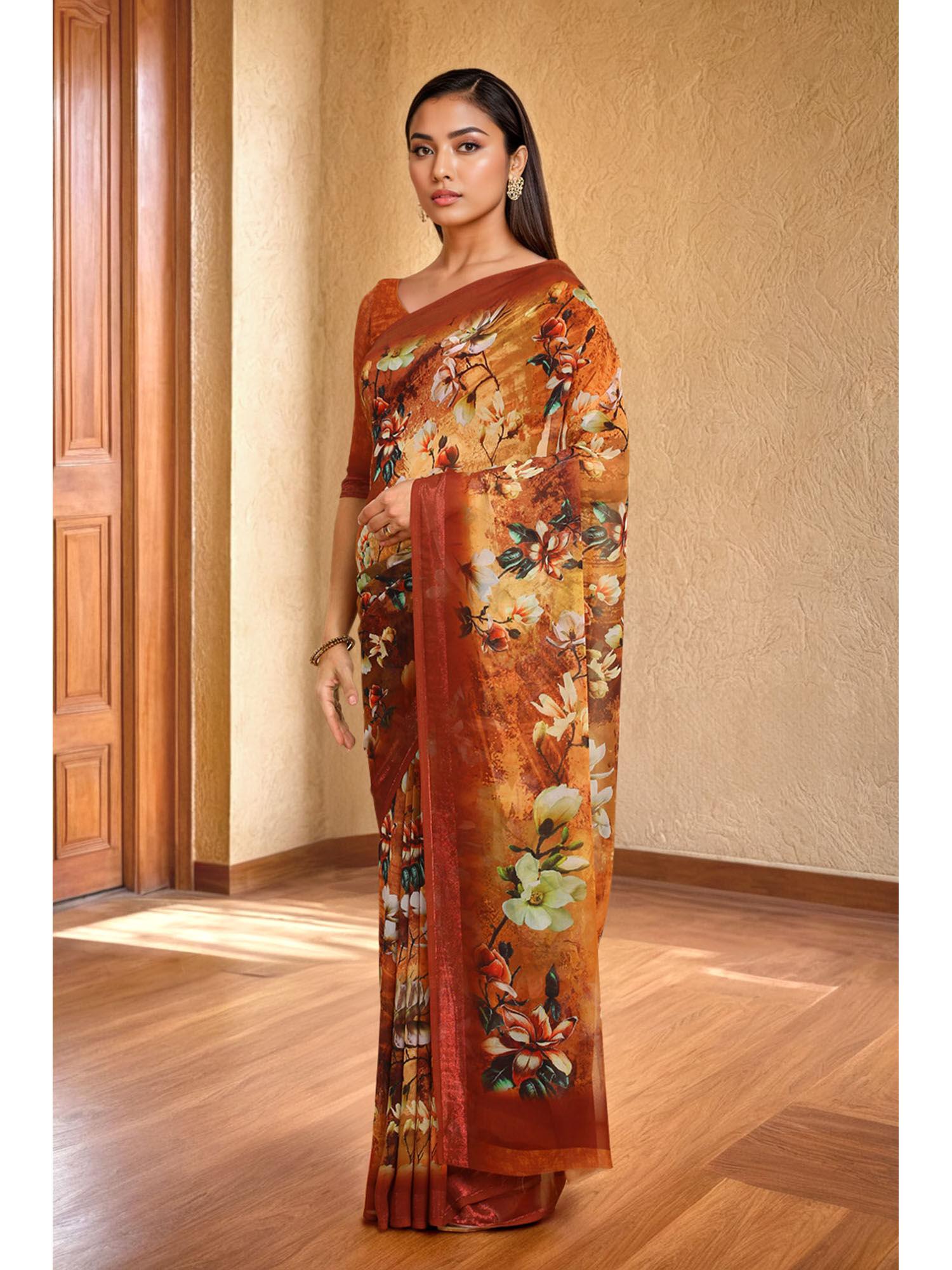 womens rust georgette floral print saree with unstitched blouse