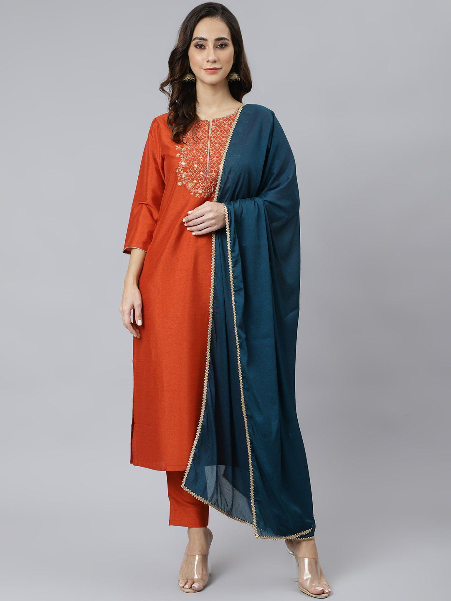 womens rust poly silk embroidered kurta with pant and dupatta (set of 3)