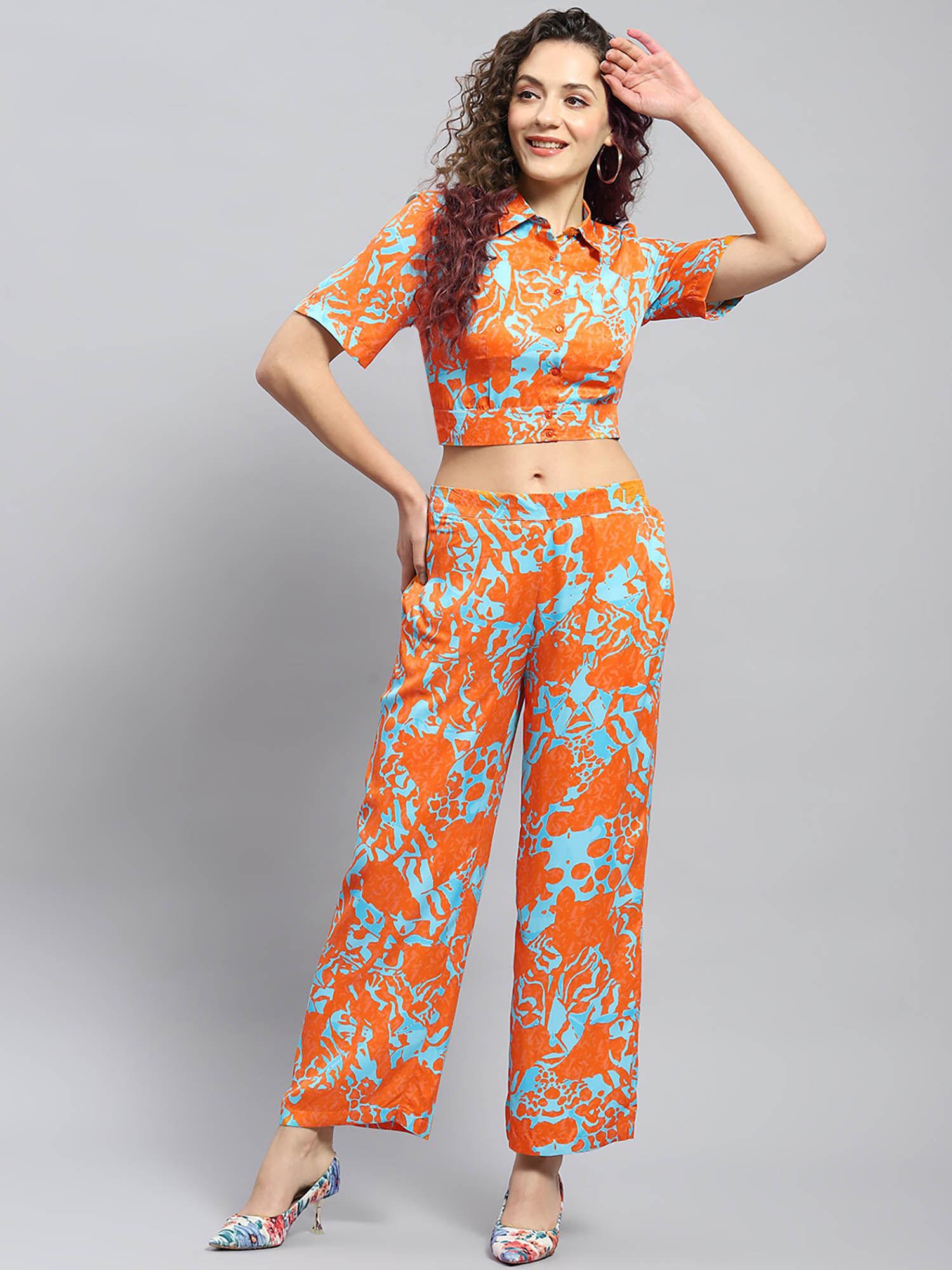 womens rust printed collared half sleeve crop top with pant (set of 2)