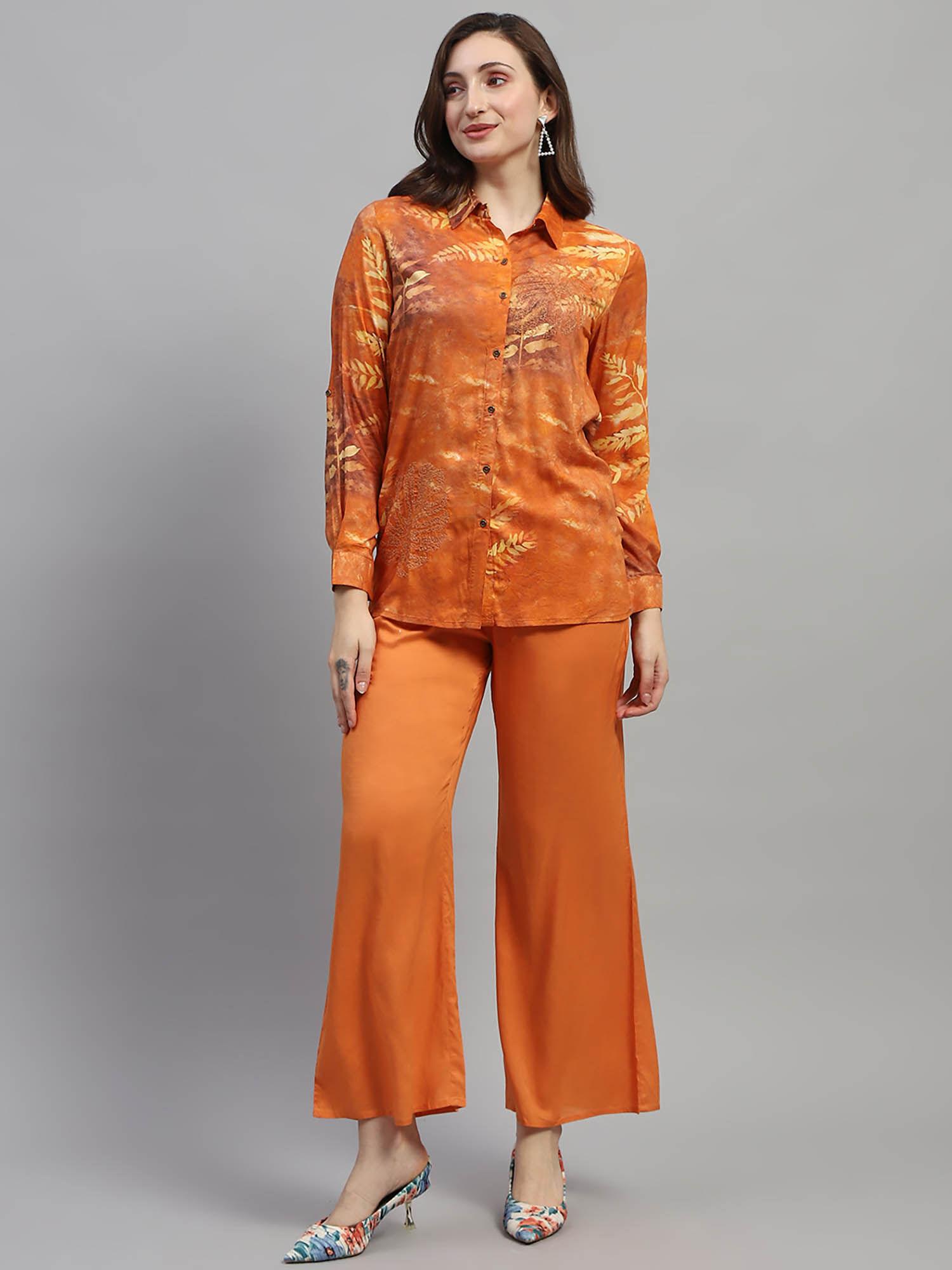 womens rust printed collared neck full sleeve regular fit co-ord (set of 2)