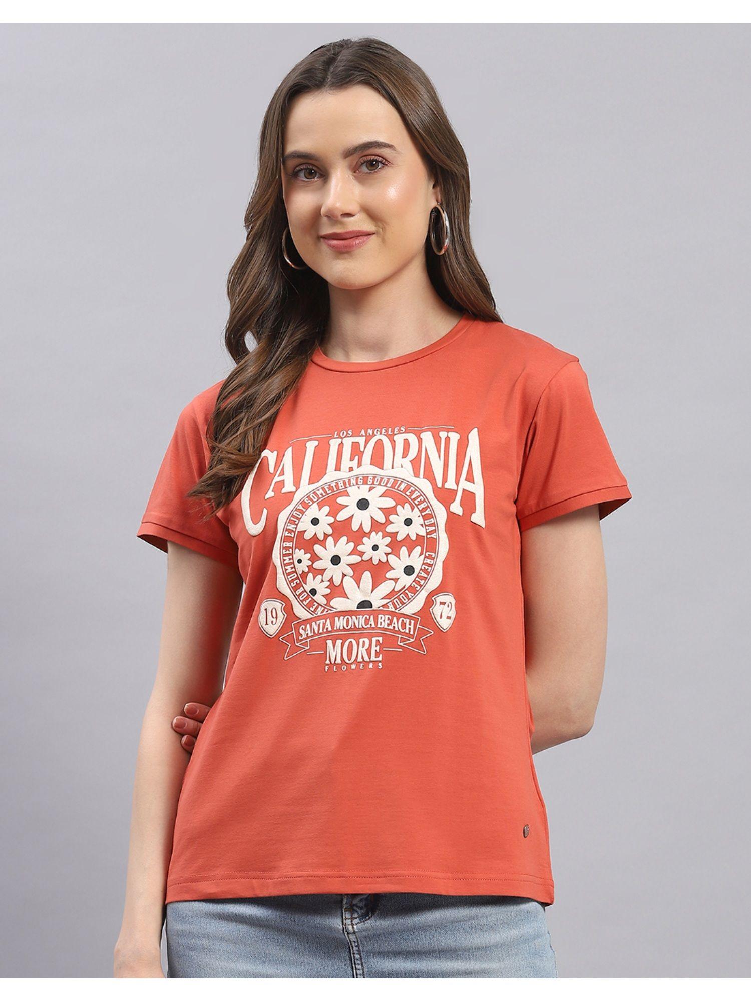 womens rust printed round neck half sleeve t-shirt