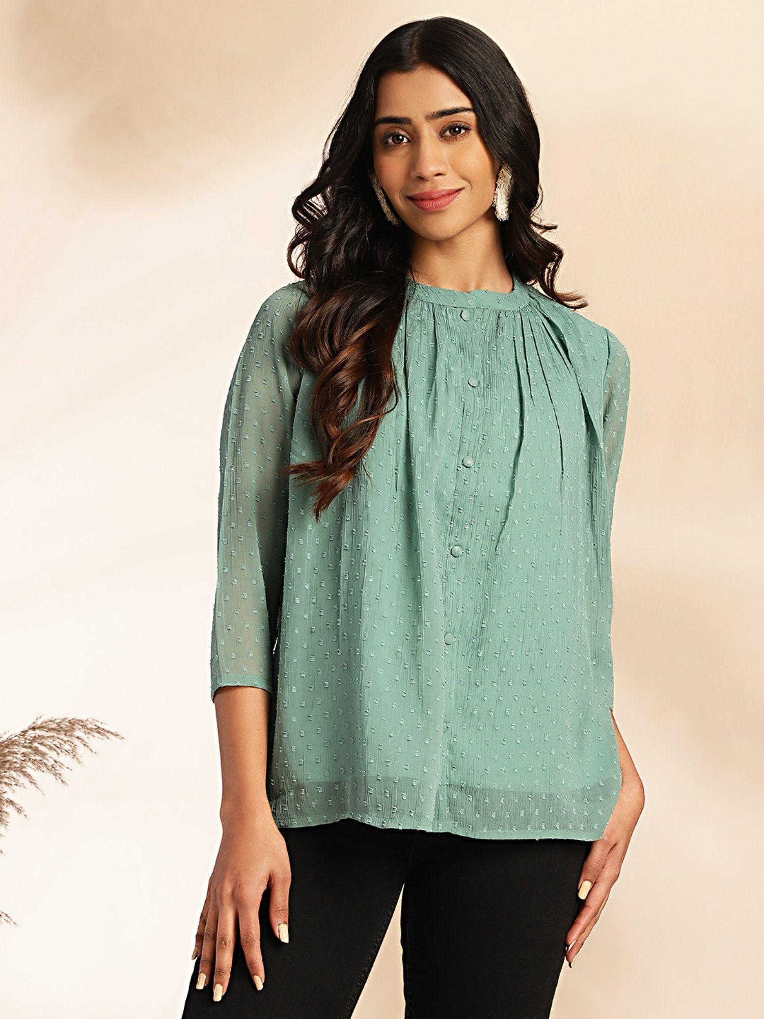 womens sage dobby chiffon woven design regular top