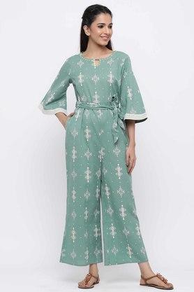 womens sage green cotton flex printed ethnic jumpsuit with bell sleeves and add-on belt - sage