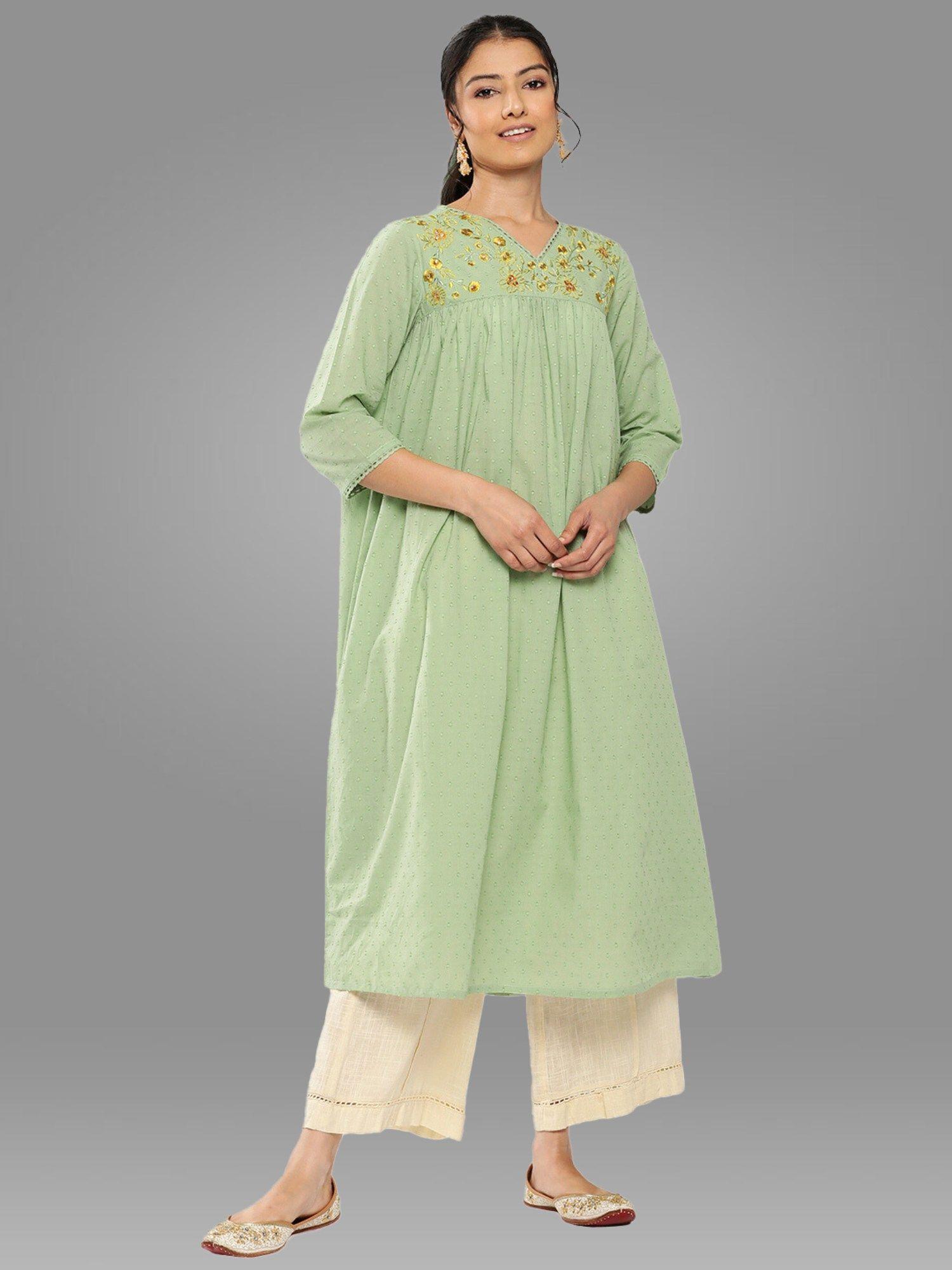 womens sage green dobby cotton solid empire kurta