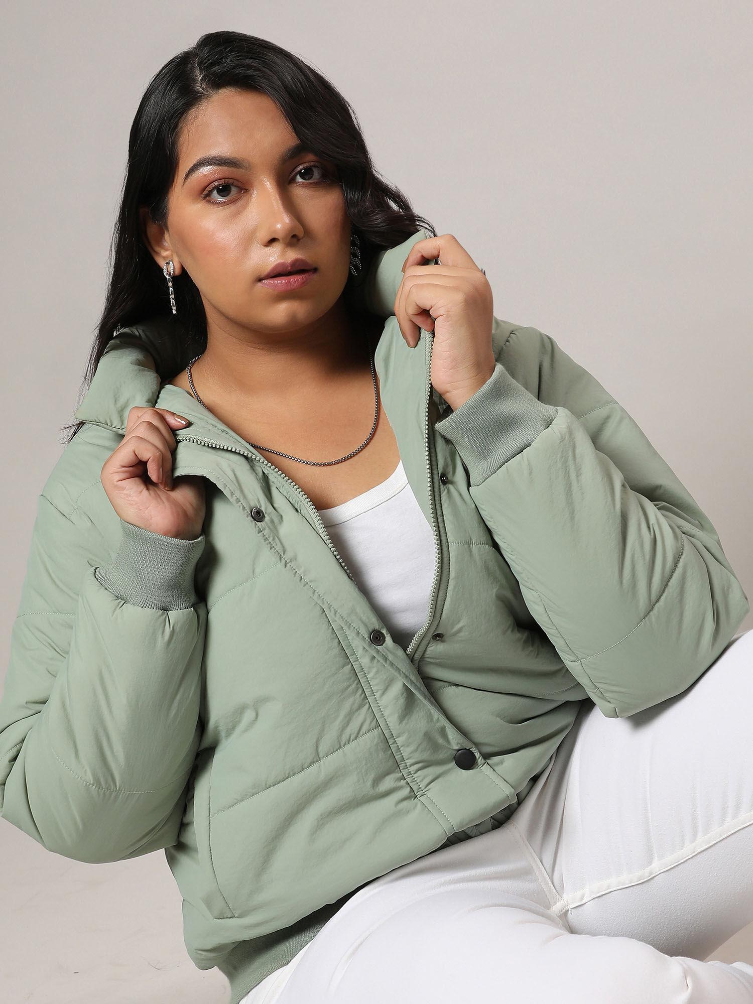 womens sage green quilted bomber jacket with ribbed hem