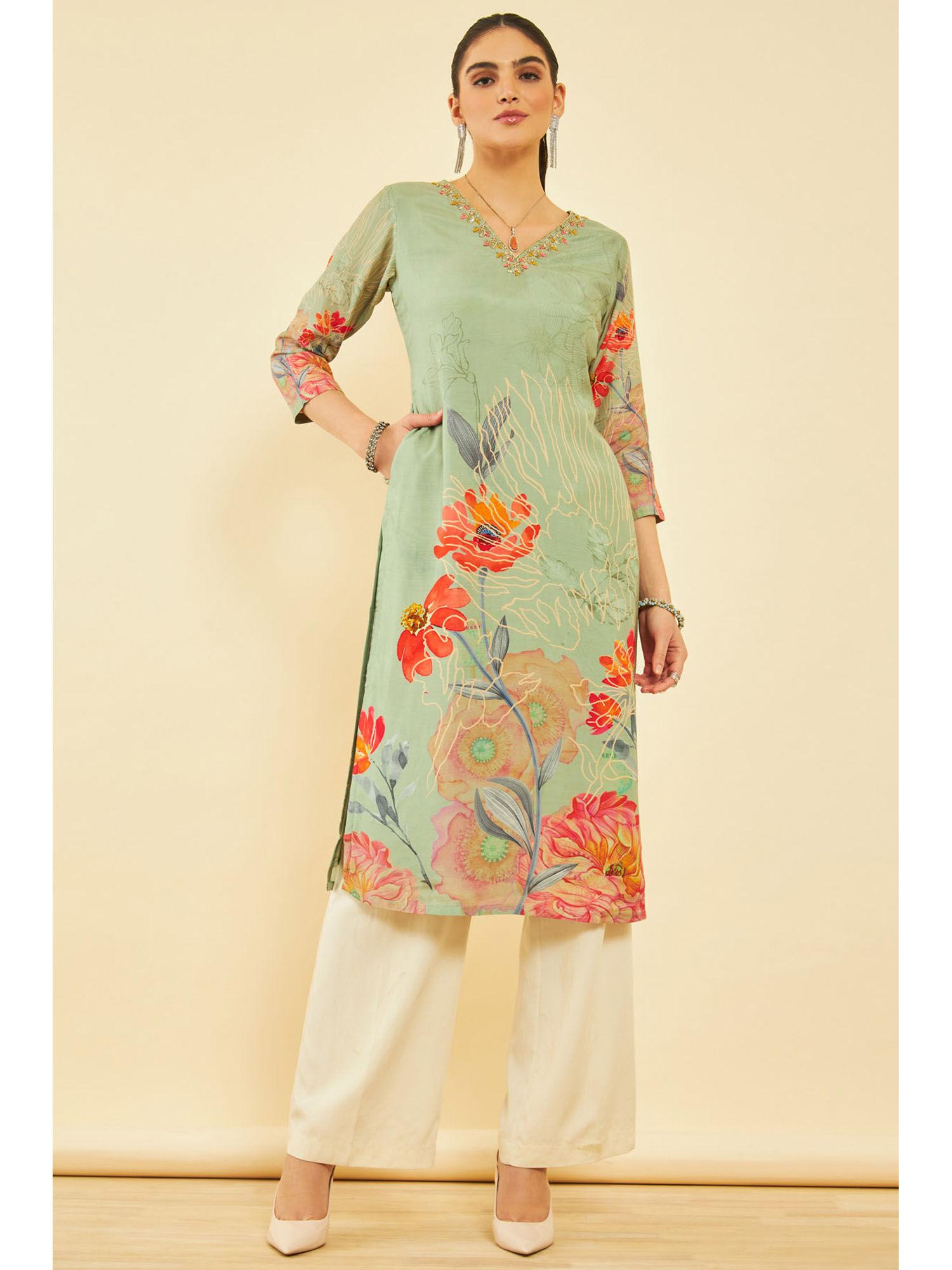 womens sap green cotton floral print kurta with beads & stones