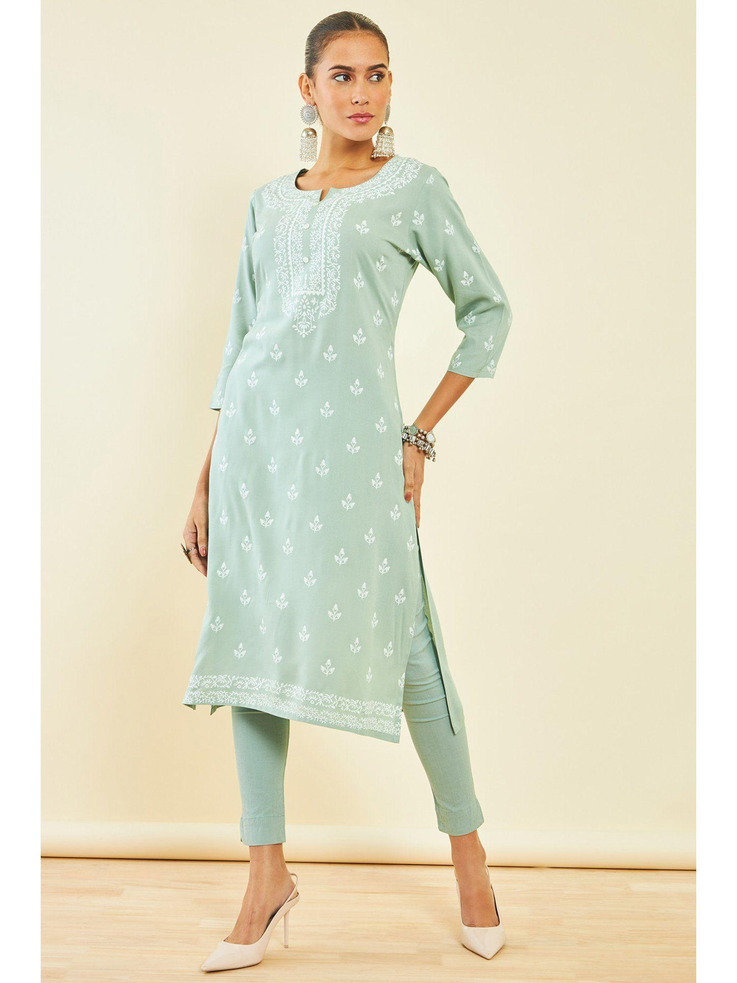 womens sap green rayon kurta with ethnic print