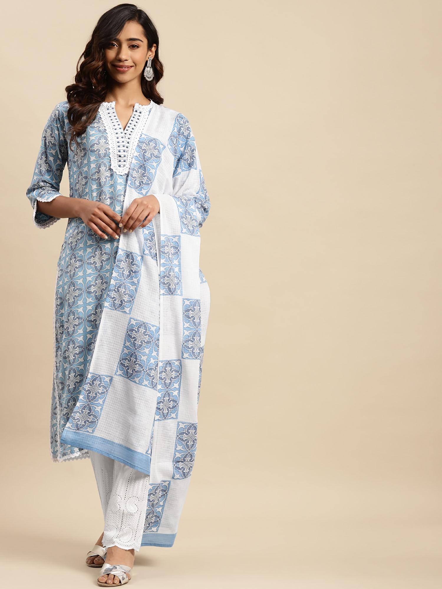 womens sapphire blue & white printed kurta with pant and dupatta (set of 3)