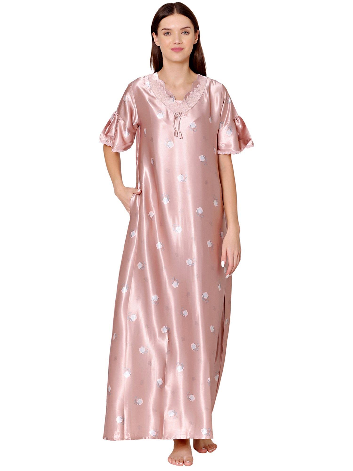 womens satin v neck printed long night dress -bsn6006b peach