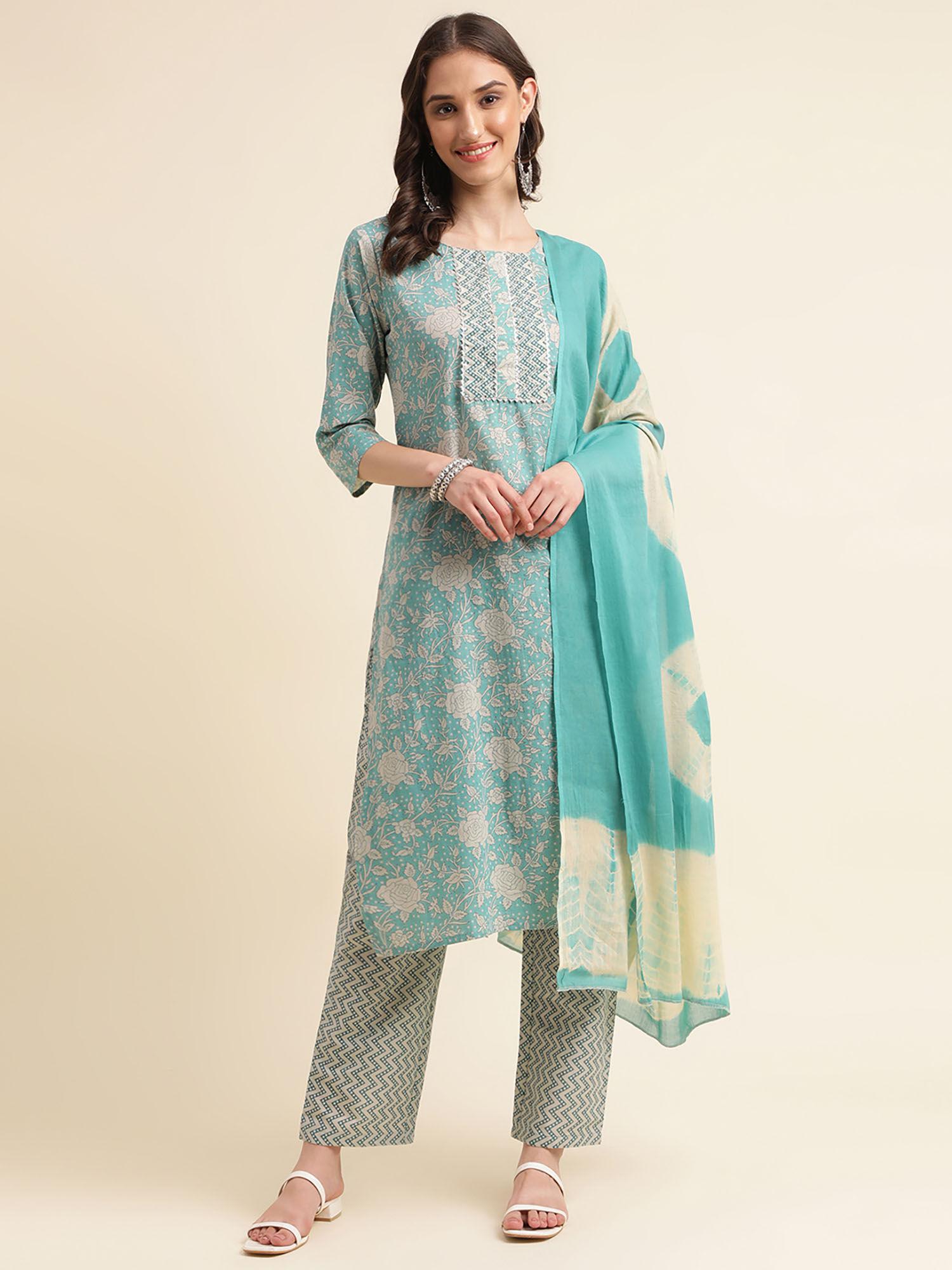 womens sea green & cream floral printed kurta with pant and dupatta (set of 3)