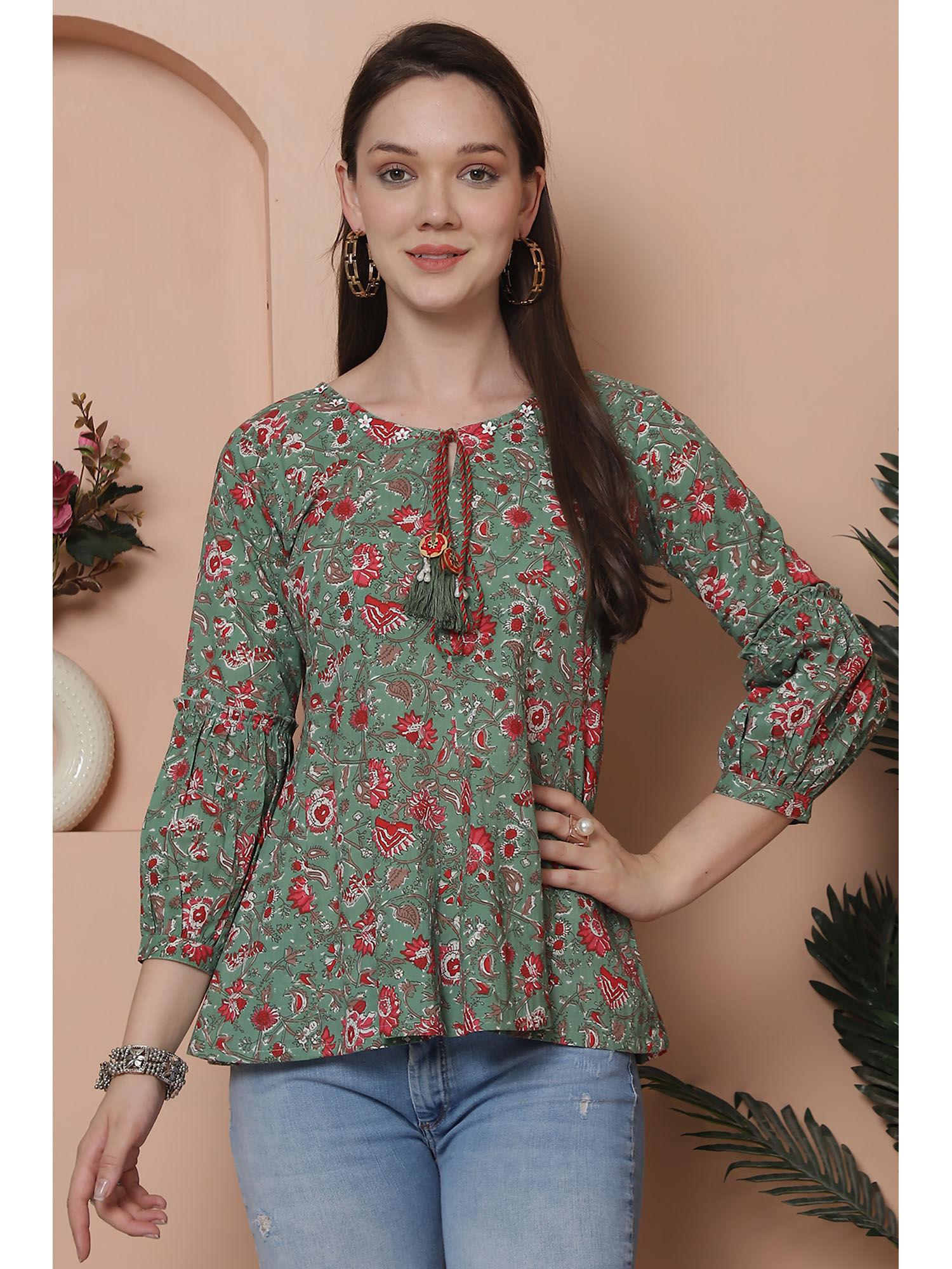 womens sea green pure cotton floral printed short top