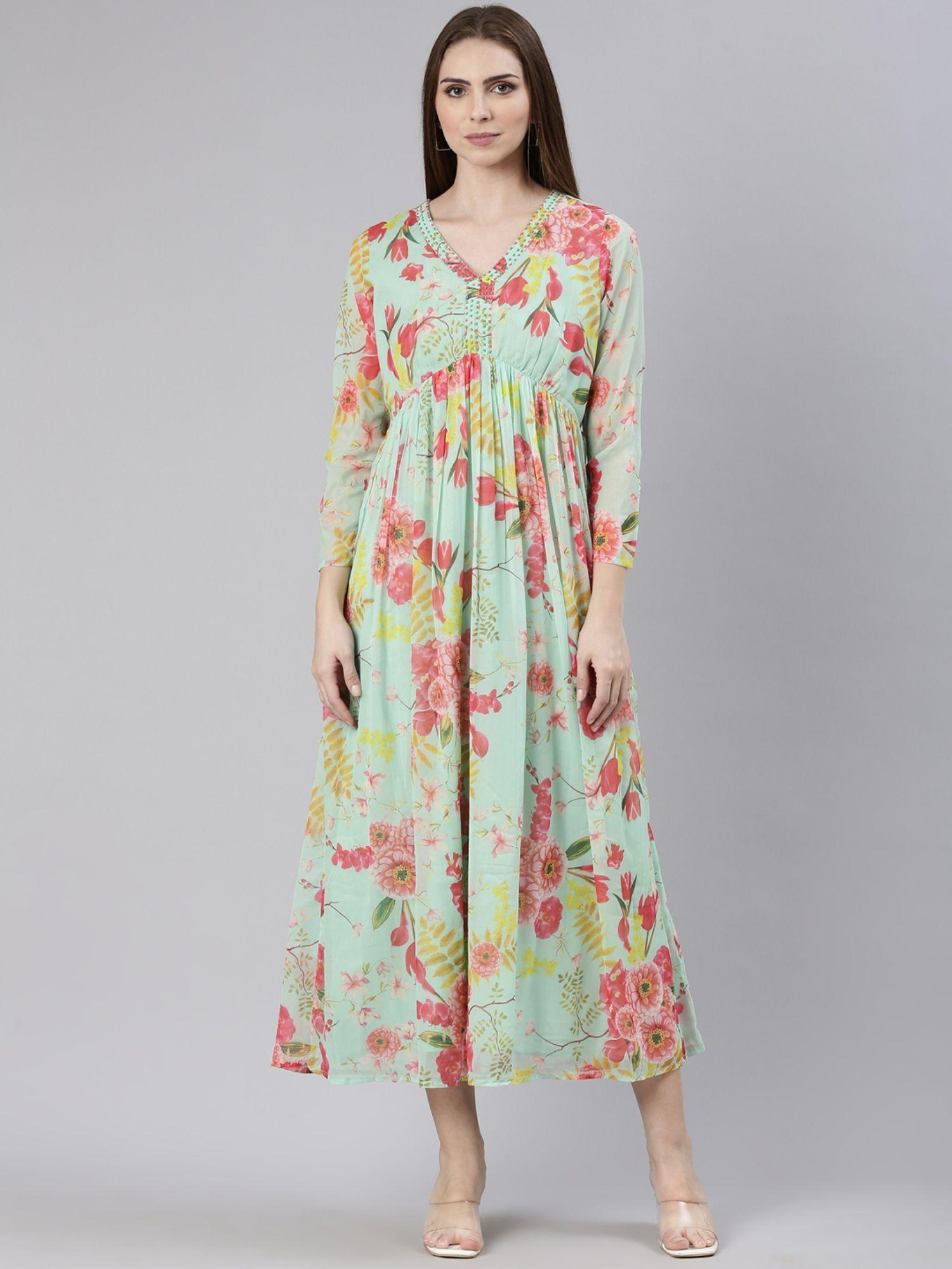 womens sea green v-neck long sleeves empire floral midi dress