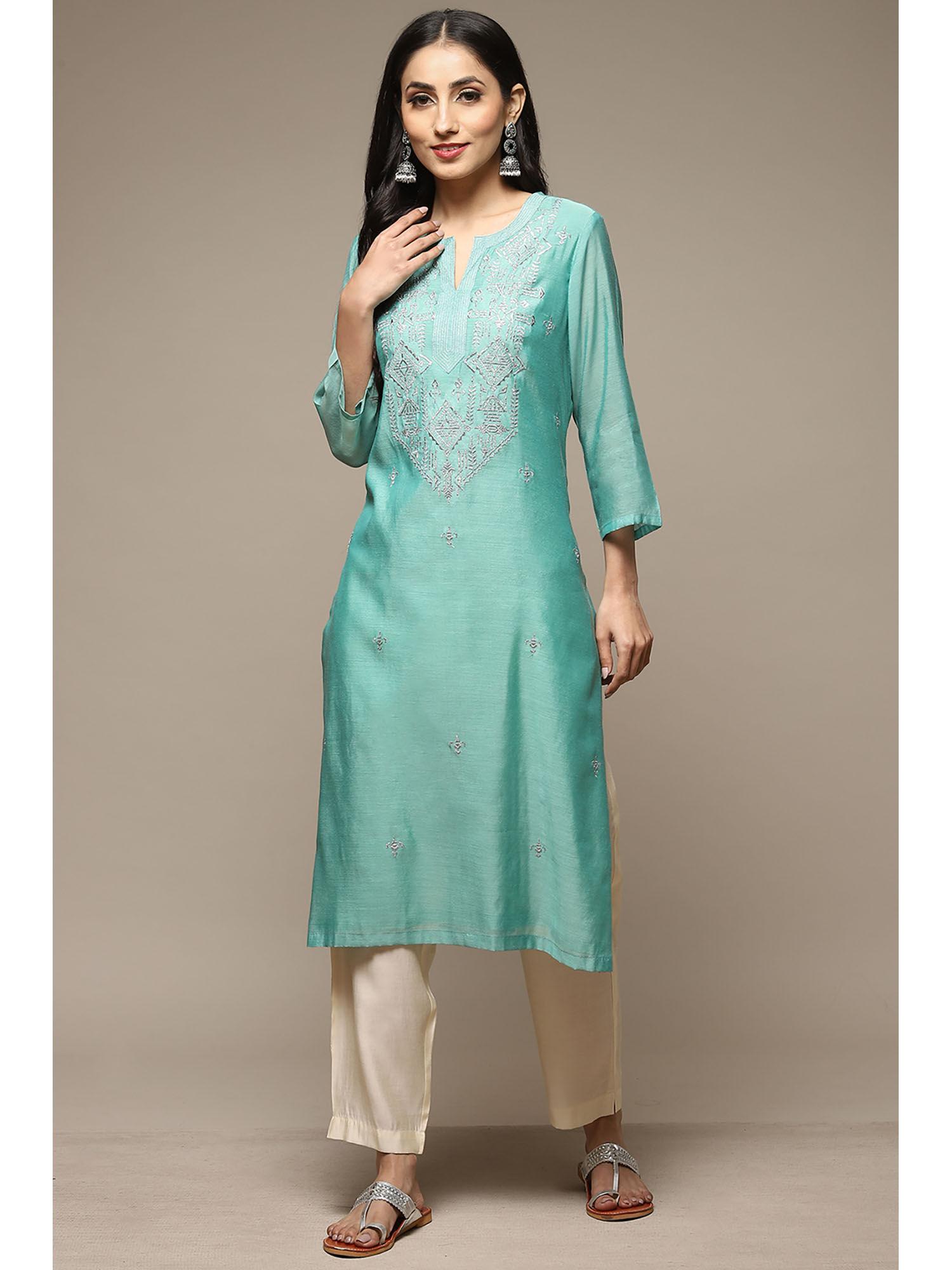 womens sea green yarndyed poly chanderi straight kurta