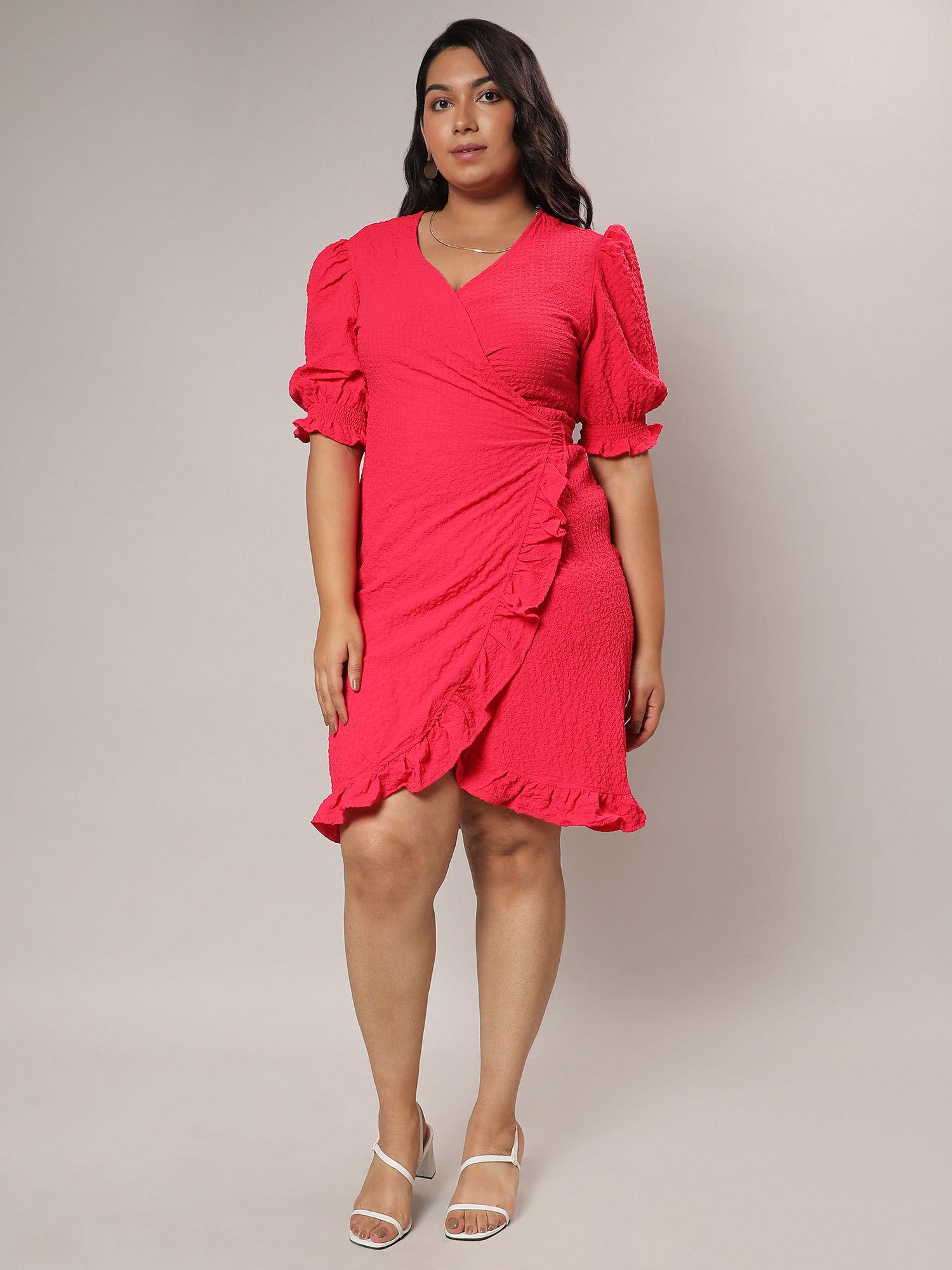 womens self design scarlet red wrap knee dress