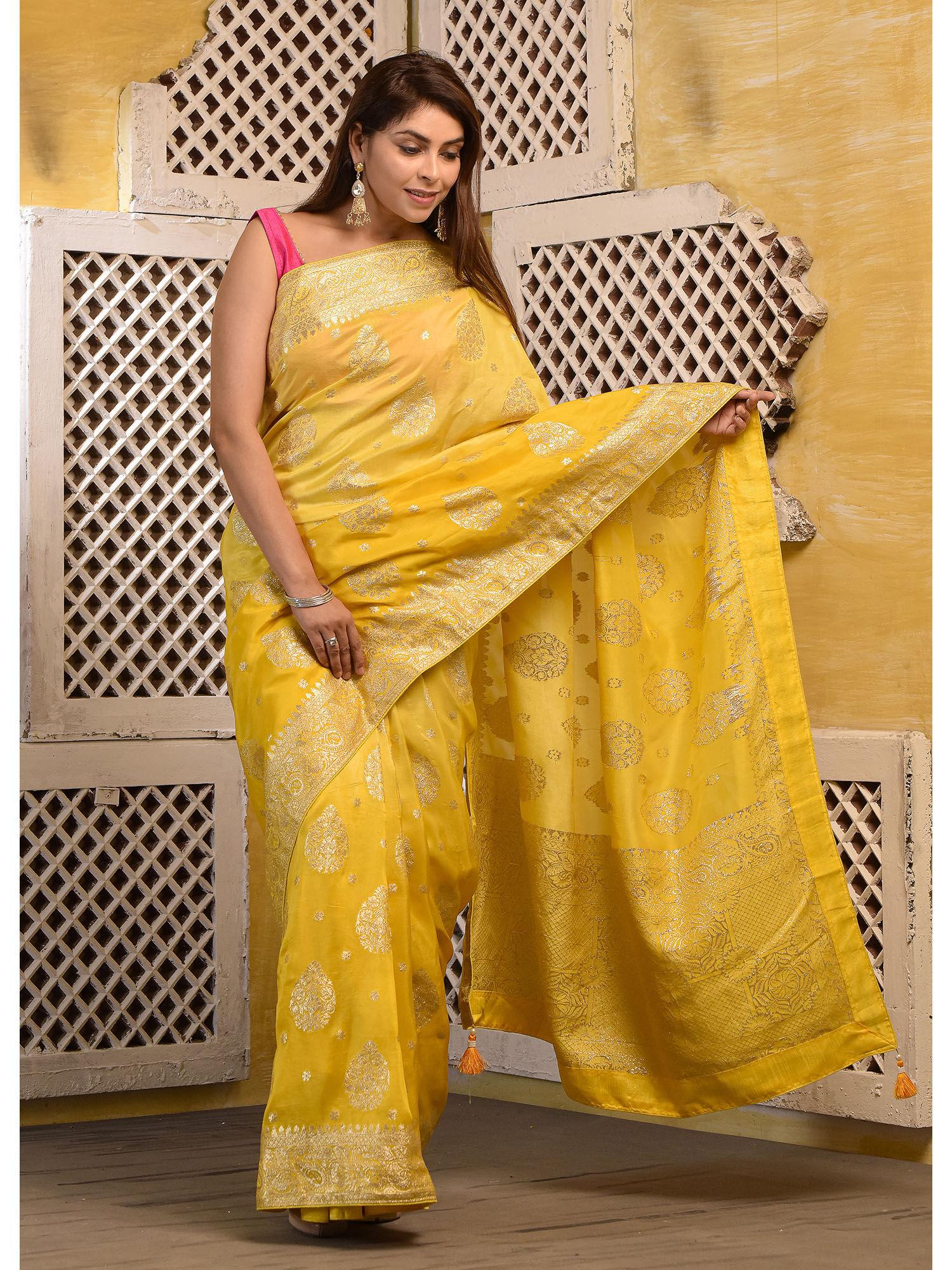 womens shaded yellow silk saree with unstitched blouse with zari work