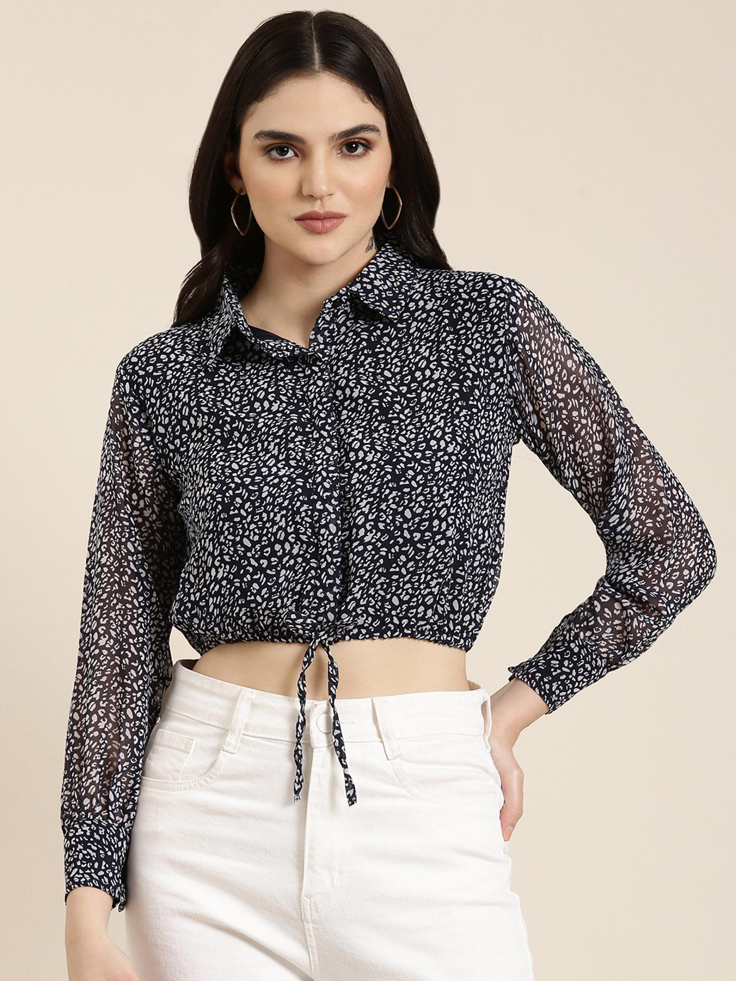 womens shirt collar cuffed sleeves printed shirt style navy blue crop top