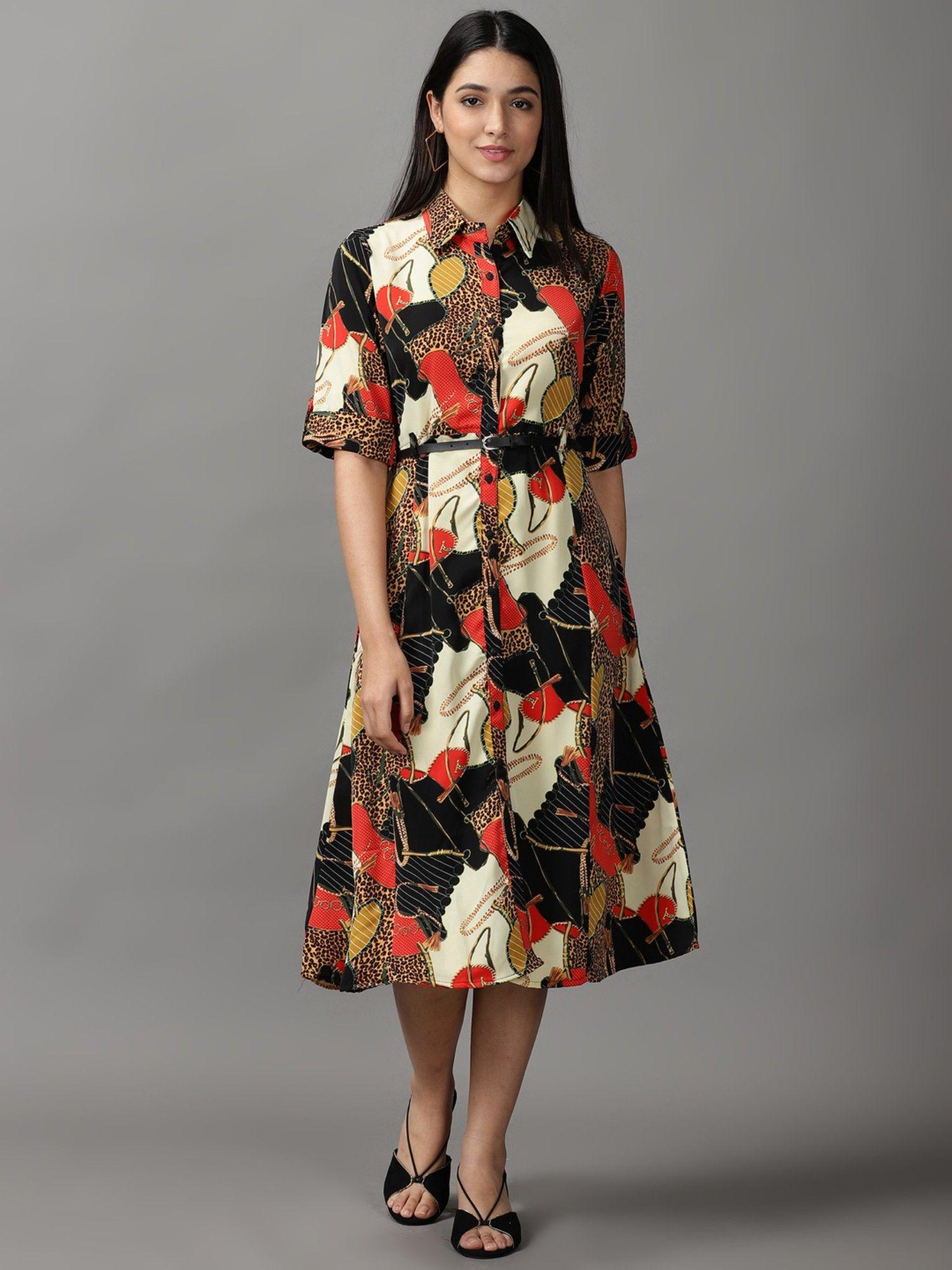 womens shirt collar midi multi printed dress