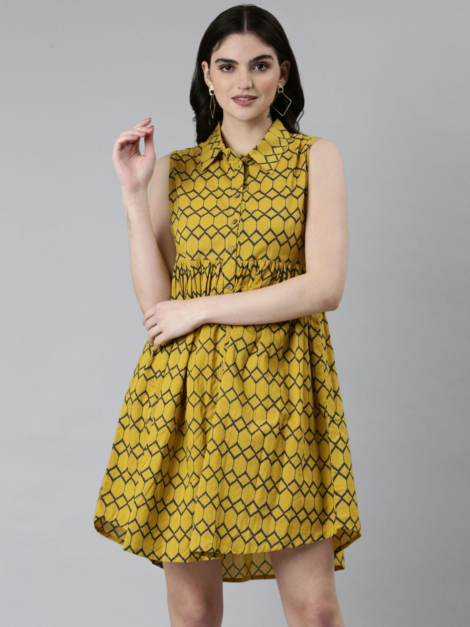 womens shirt collar printed a-line mustard above knee dress