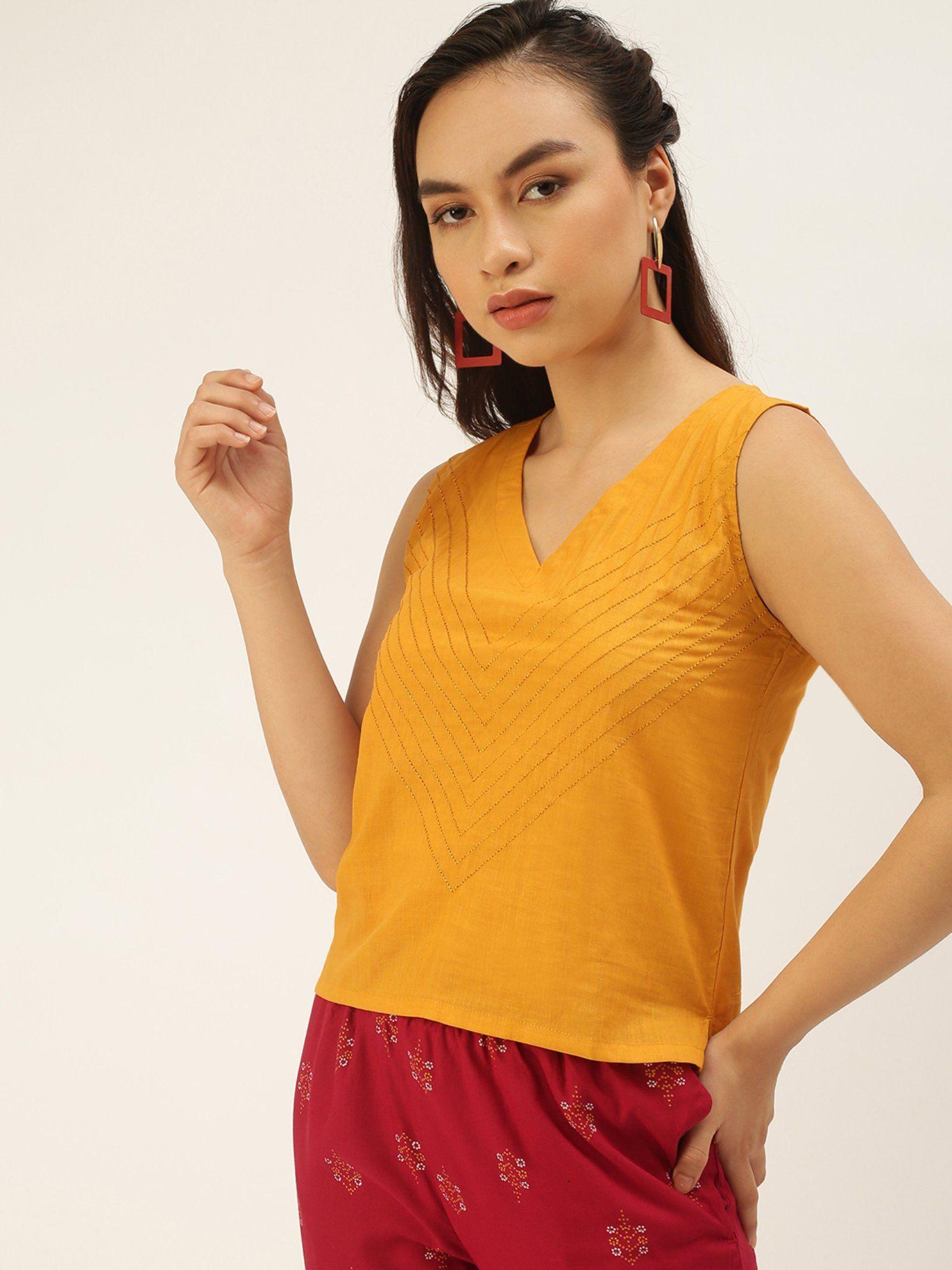 womens short length embroidery cotton mustard top