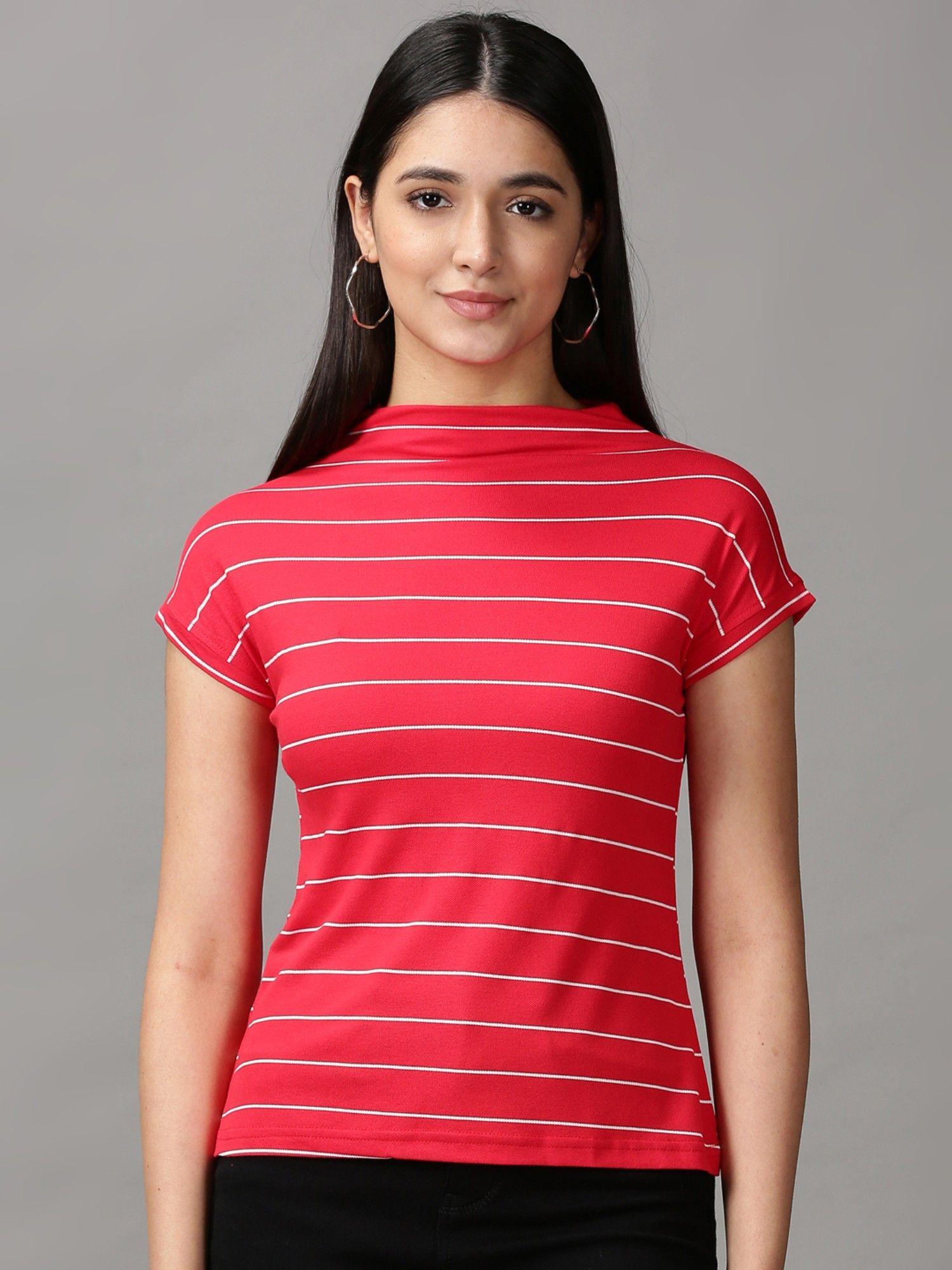 womens short sleeves high neck red striped top