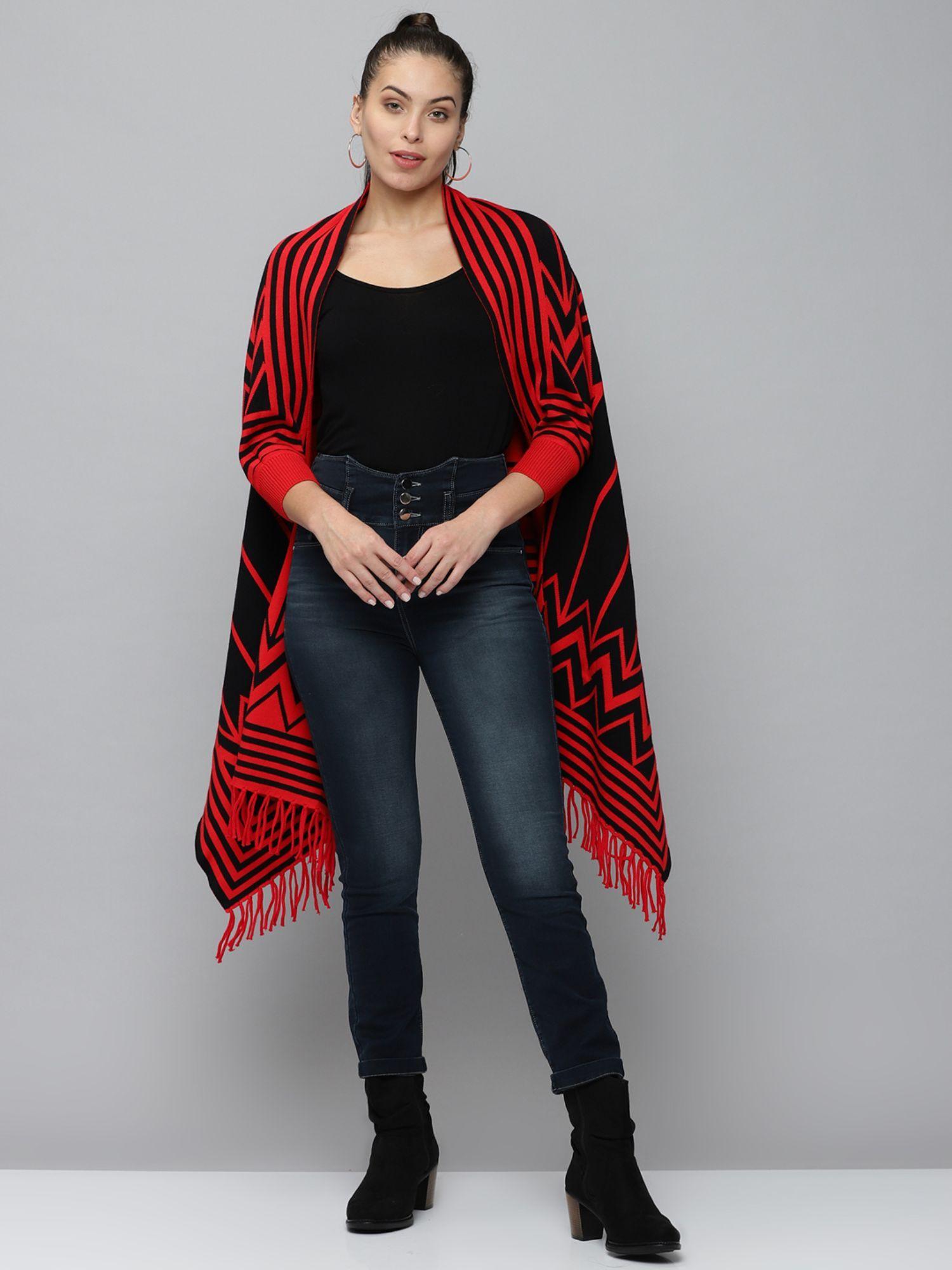 womens short sleeves longline red striped poncho