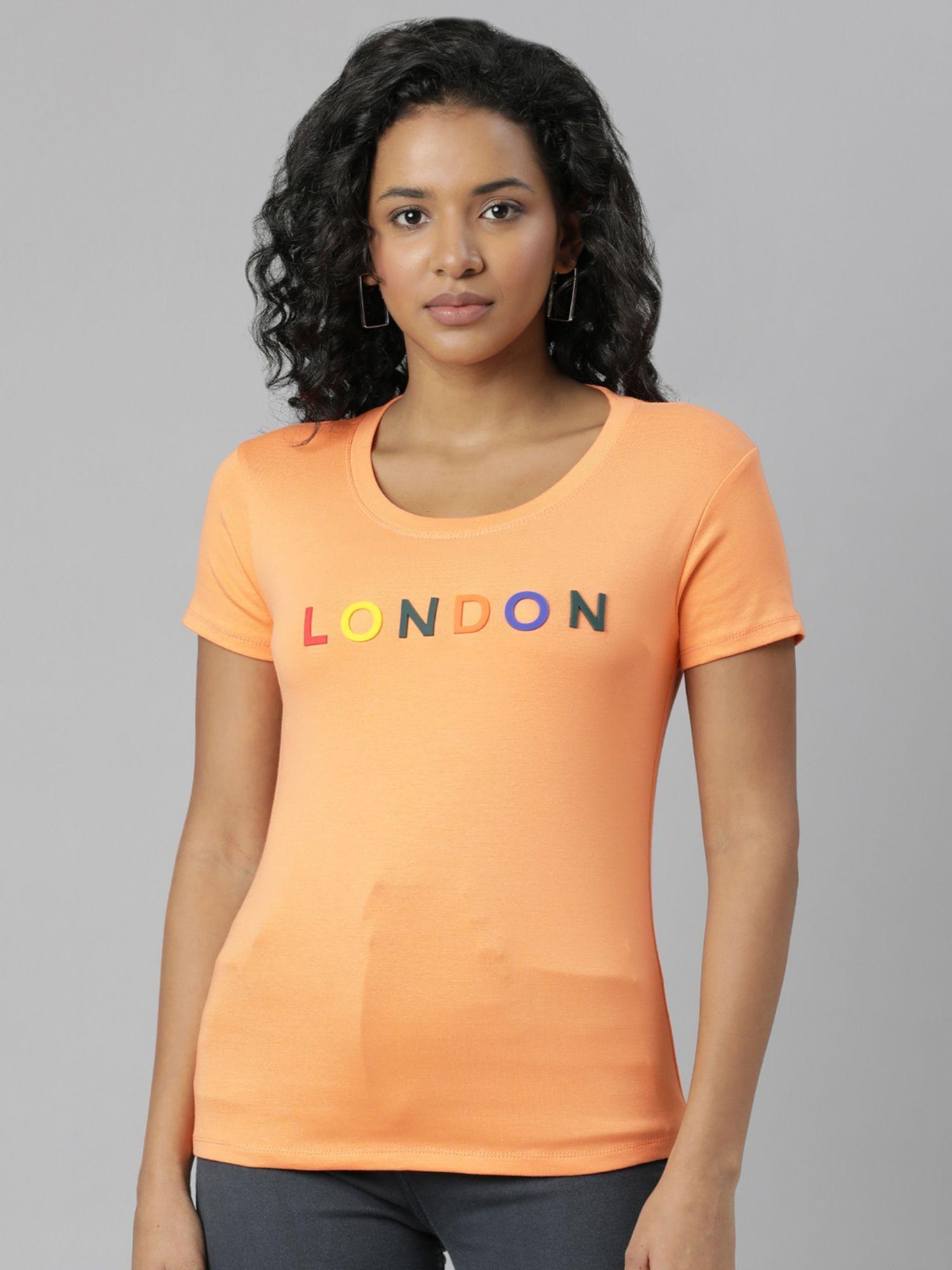 womens short sleeves round neck orange slim fit typography regular t-shirt