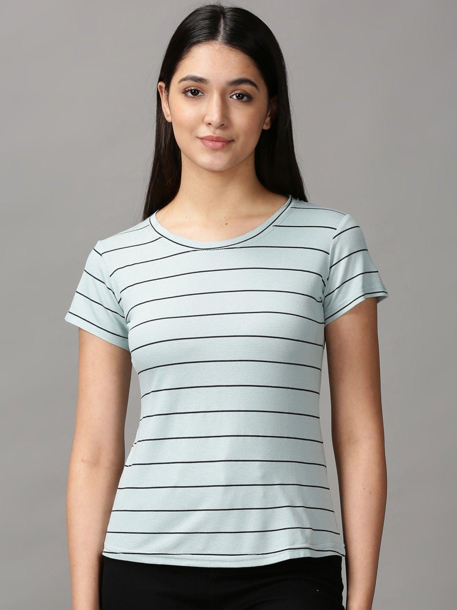 womens short sleeves round neck sea green striped top