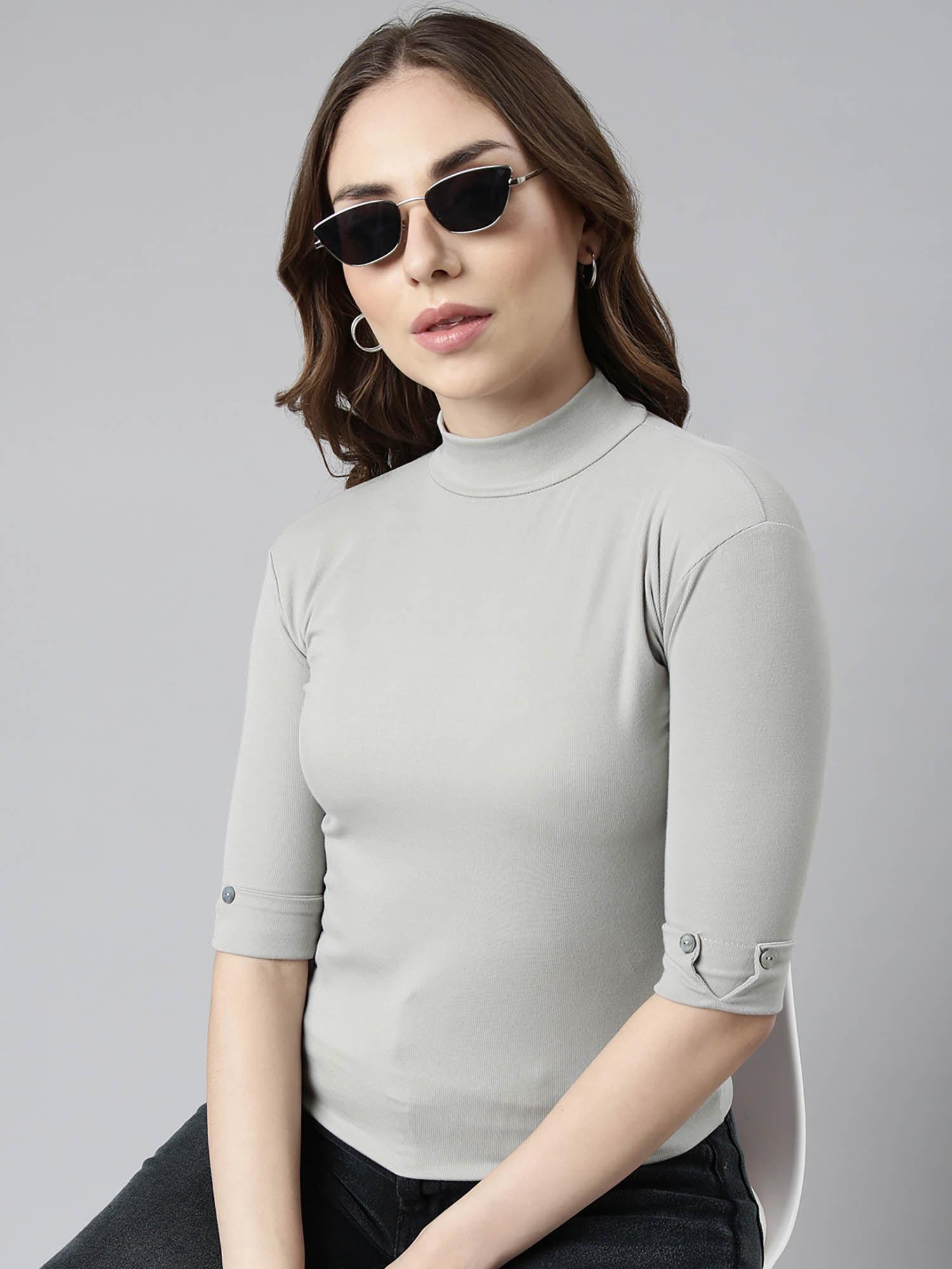 womens short sleeves solid high neck roll-up sleeves grey top