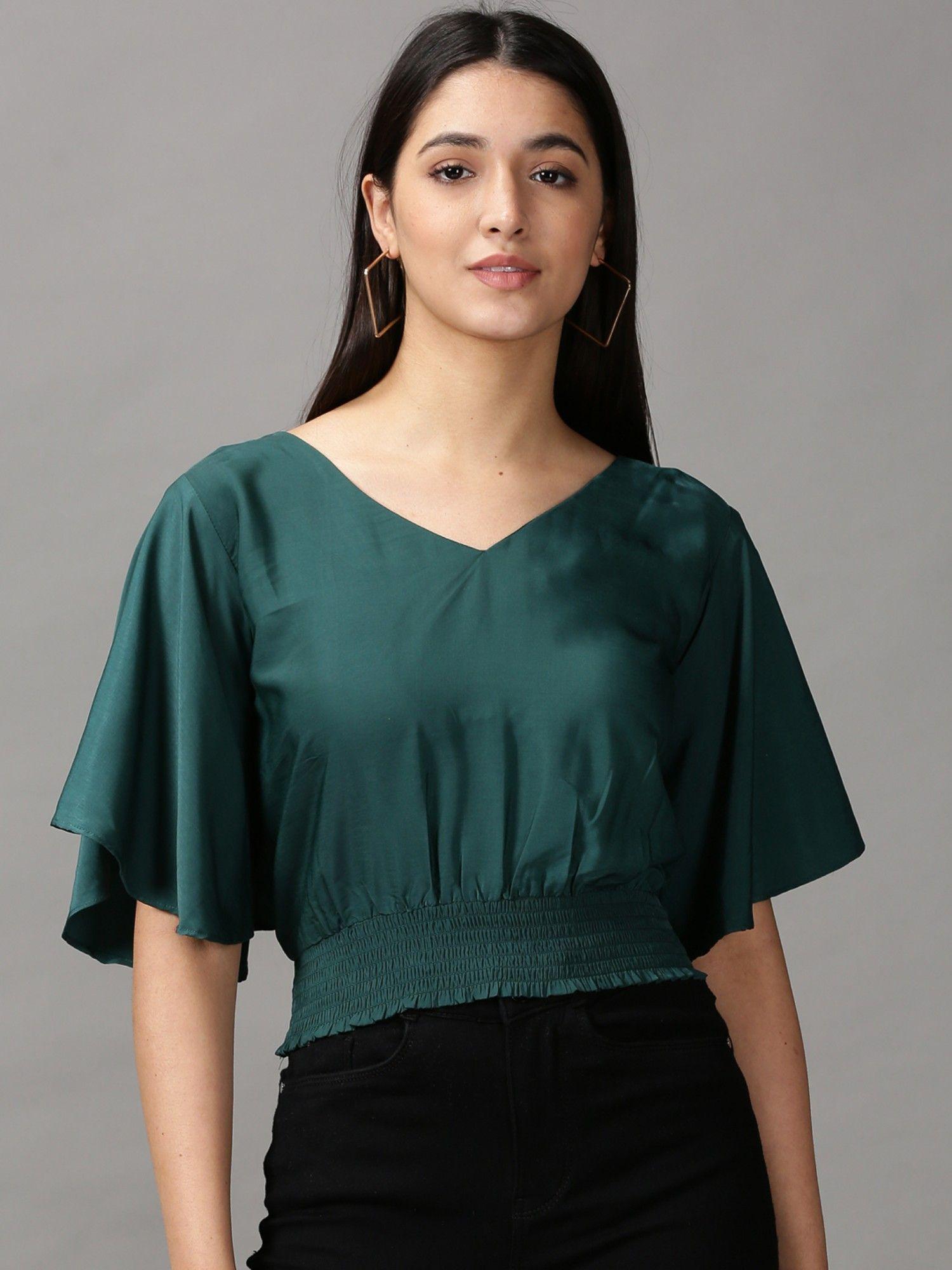 womens short sleeves v-neck green solid top