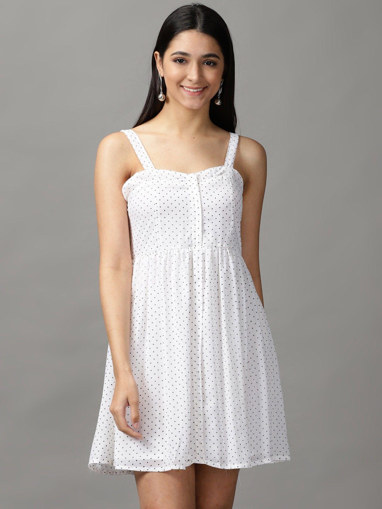 womens shoulder straps above knee off white polka dots dress