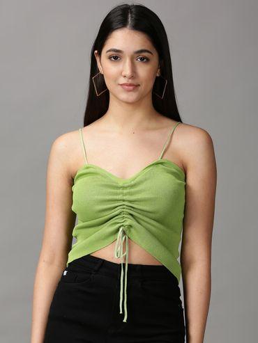 womens shoulder straps fitted solid lime green crop top