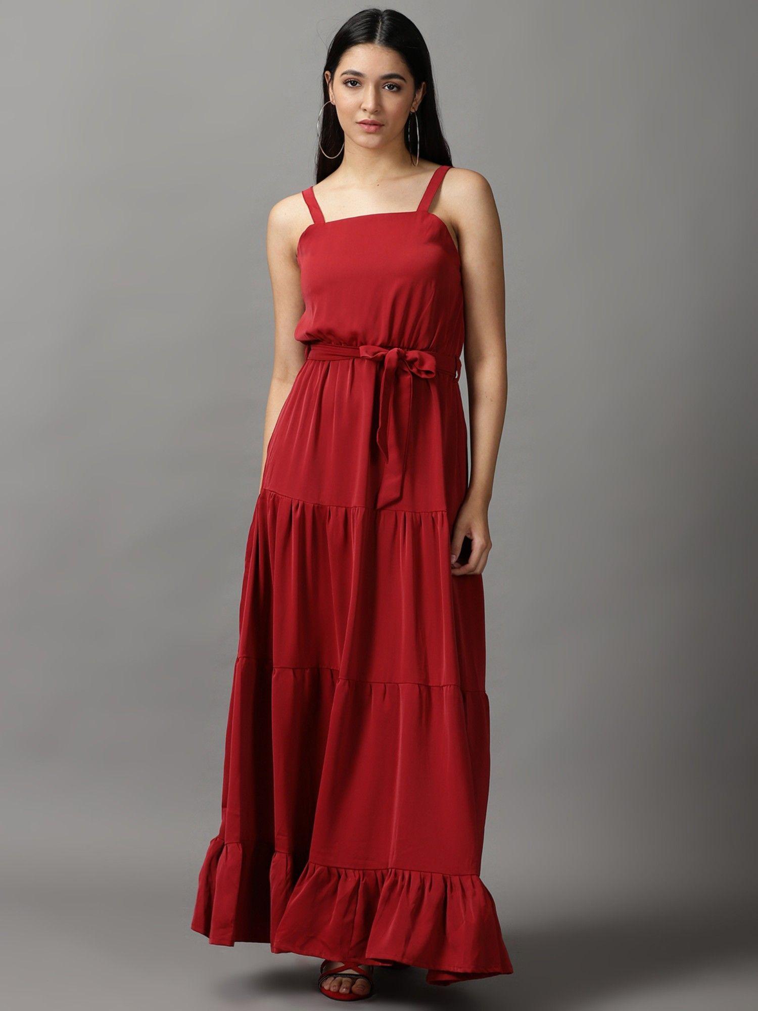 womens shoulder straps maxi maroon solid dress (set of 2)