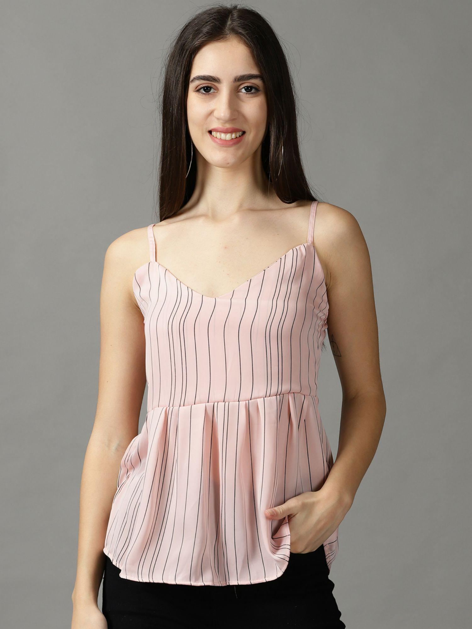 womens shoulder straps pink striped top