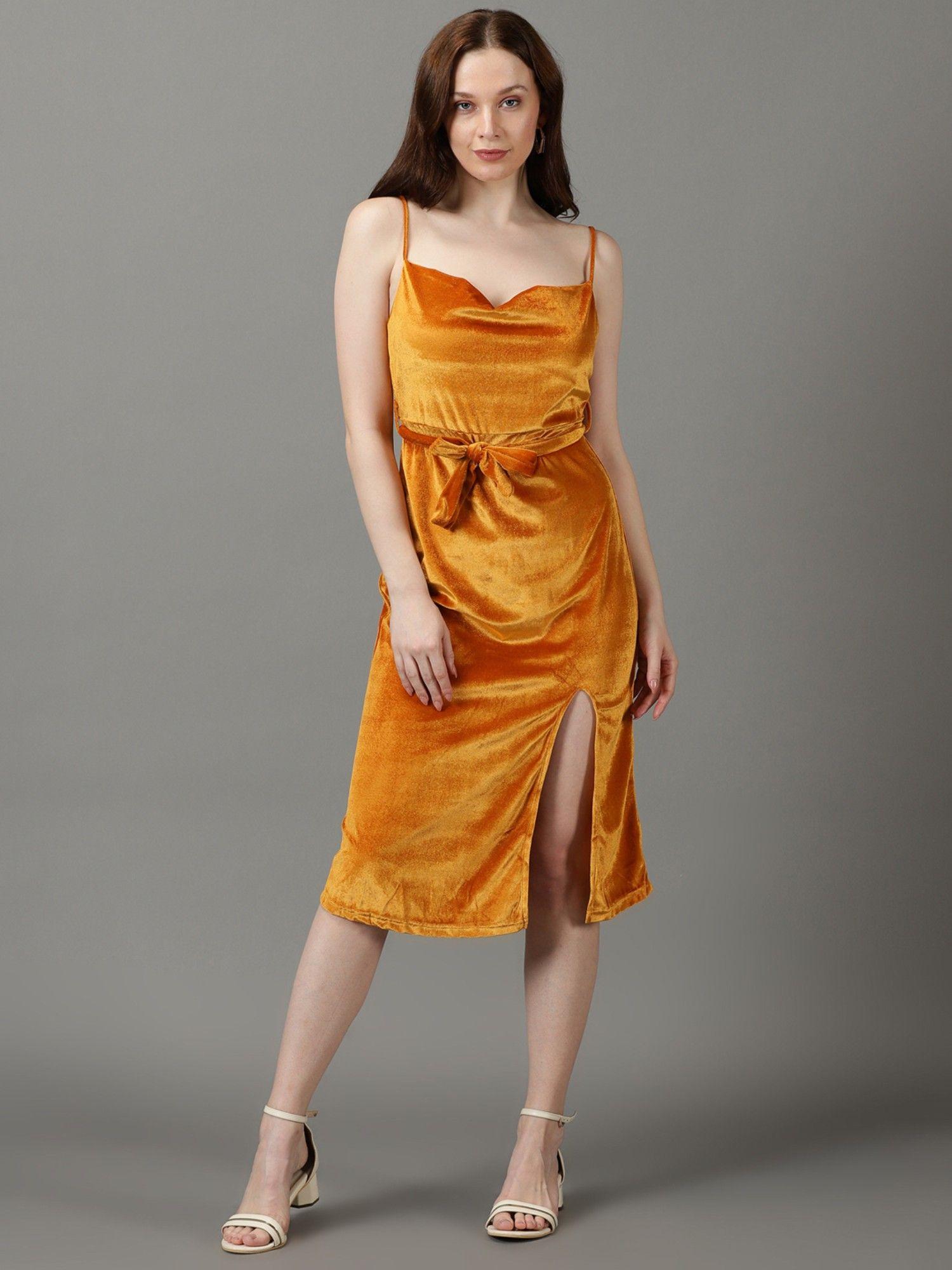 womens shoulder straps solid knee length mustard dress with belt (set of 2)