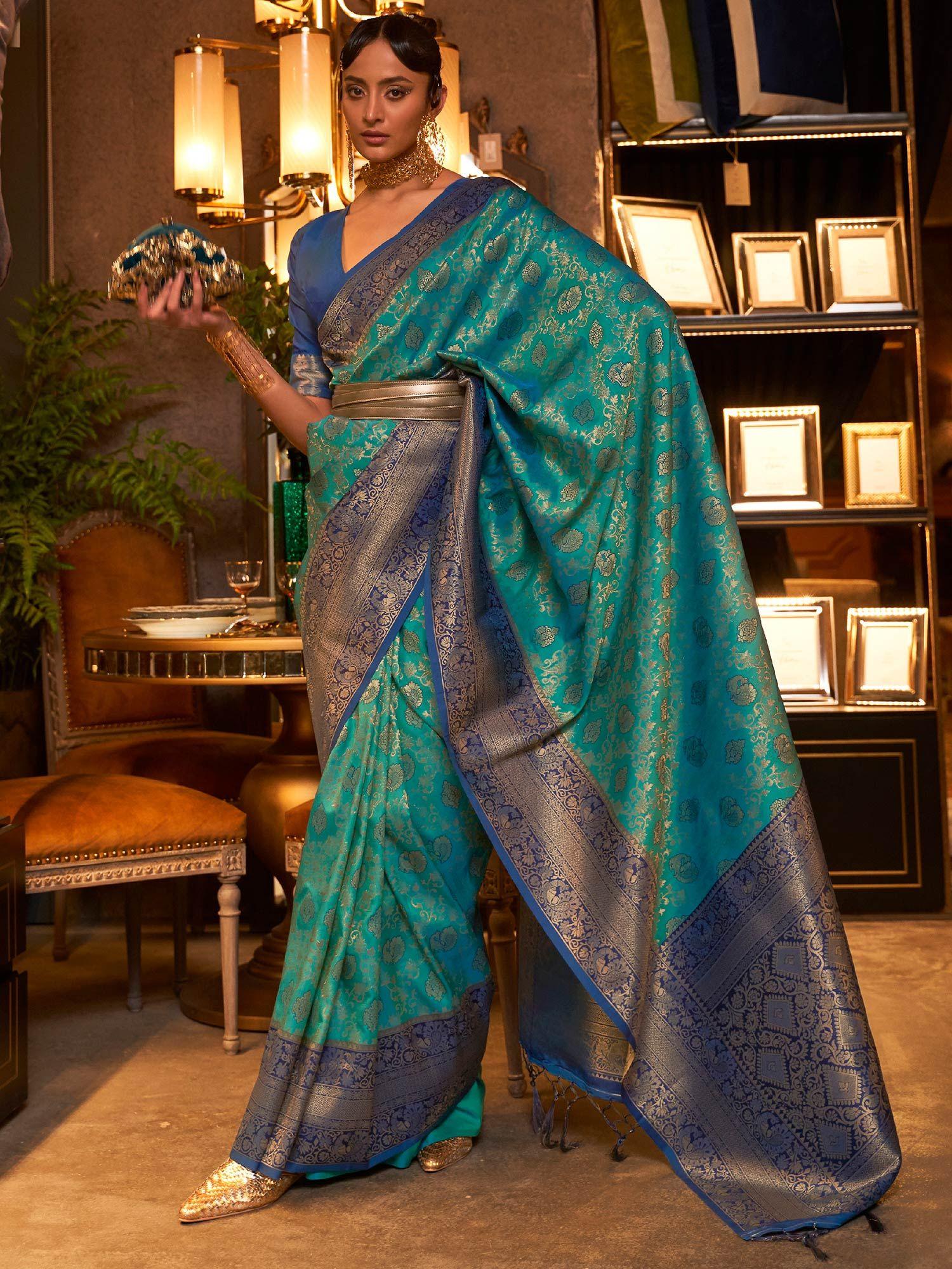 womens silk blend blue woven design handloom saree with unstitched blouse