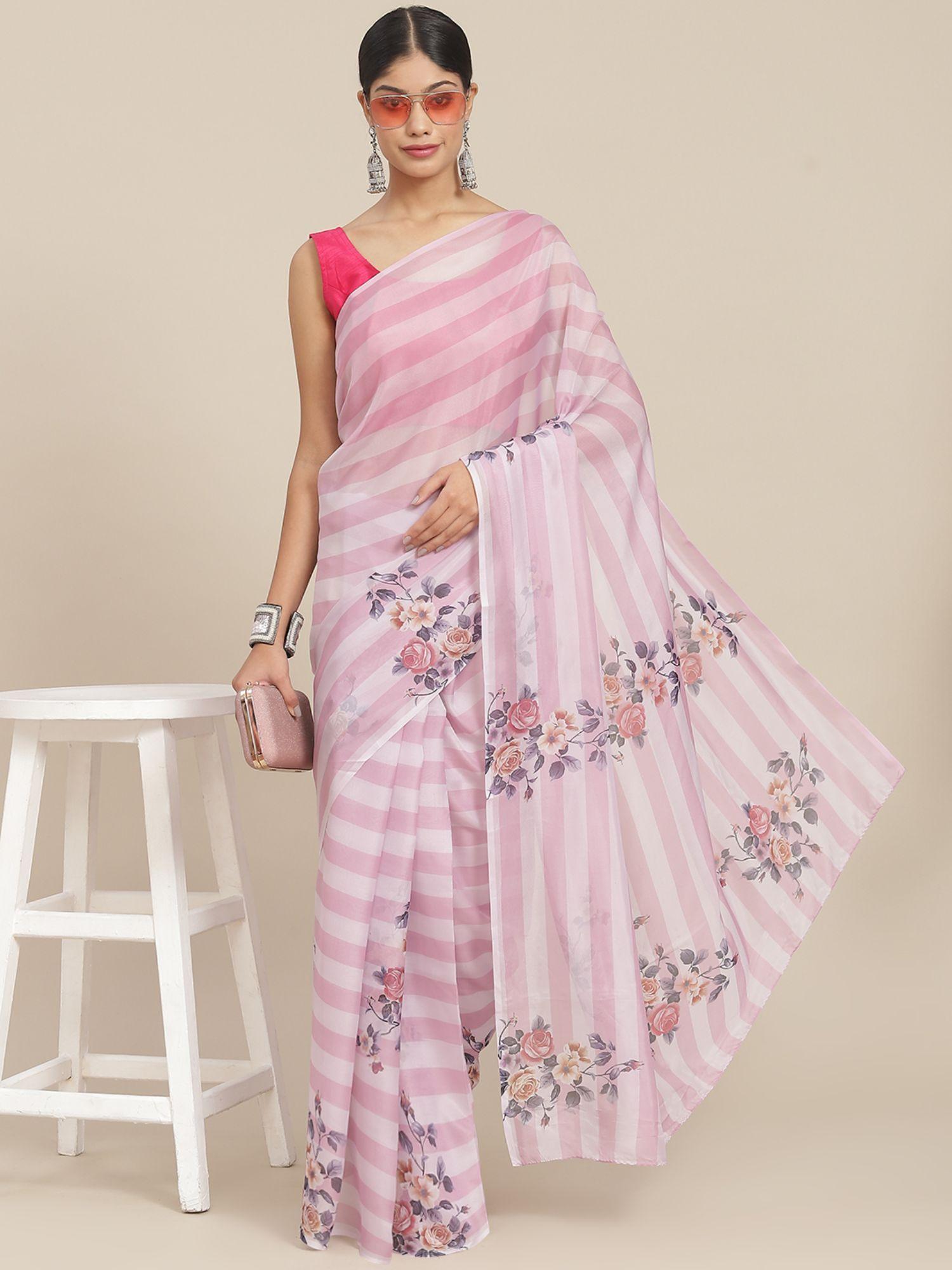 womens silk blend pink printed saree with unstitched blouse