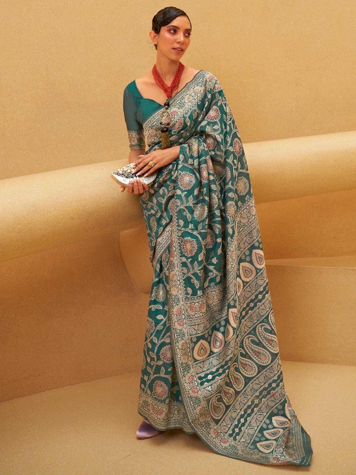 womens silk blend teal woven design designer saree with unstitched blouse