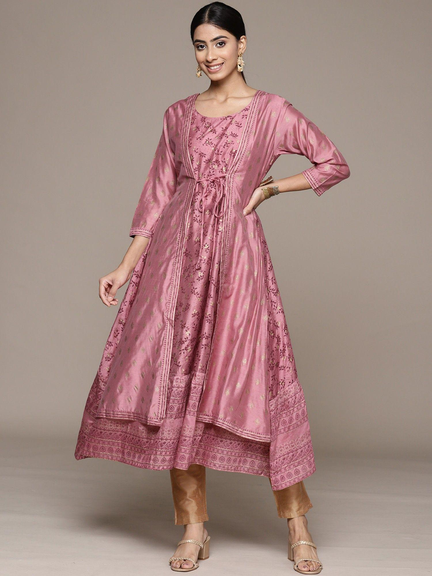 womens silk ethnic motifs printed pink a-line kurta