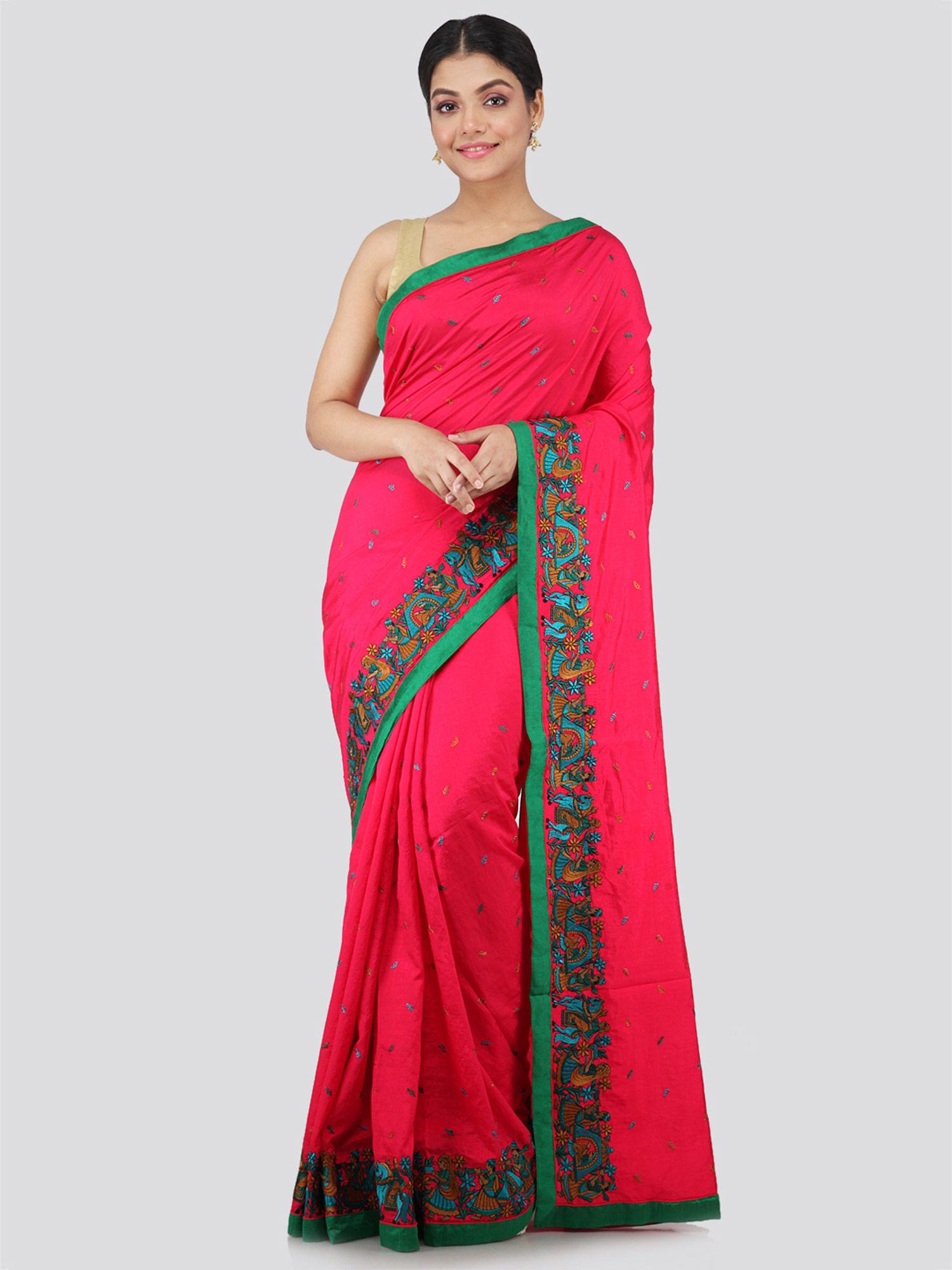 womens silk saree with unstitched blouse-pink