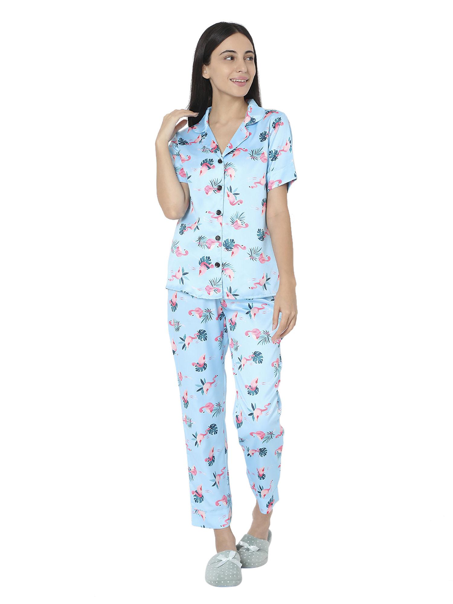 womens silk satin aqua blue flamingo print night suit (set of 2)