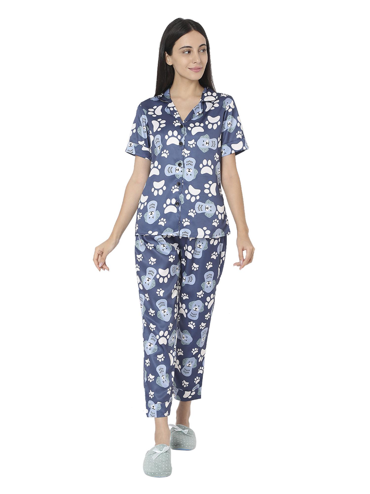 womens silk satin blue dog & paw print night suit (set of 2)