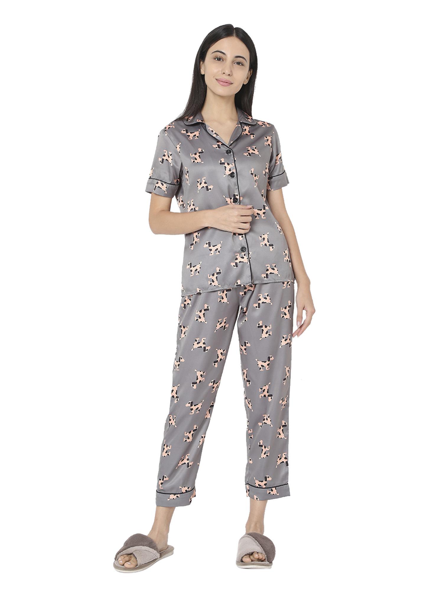 womens silk satin grey dog print night suit (set of 2)