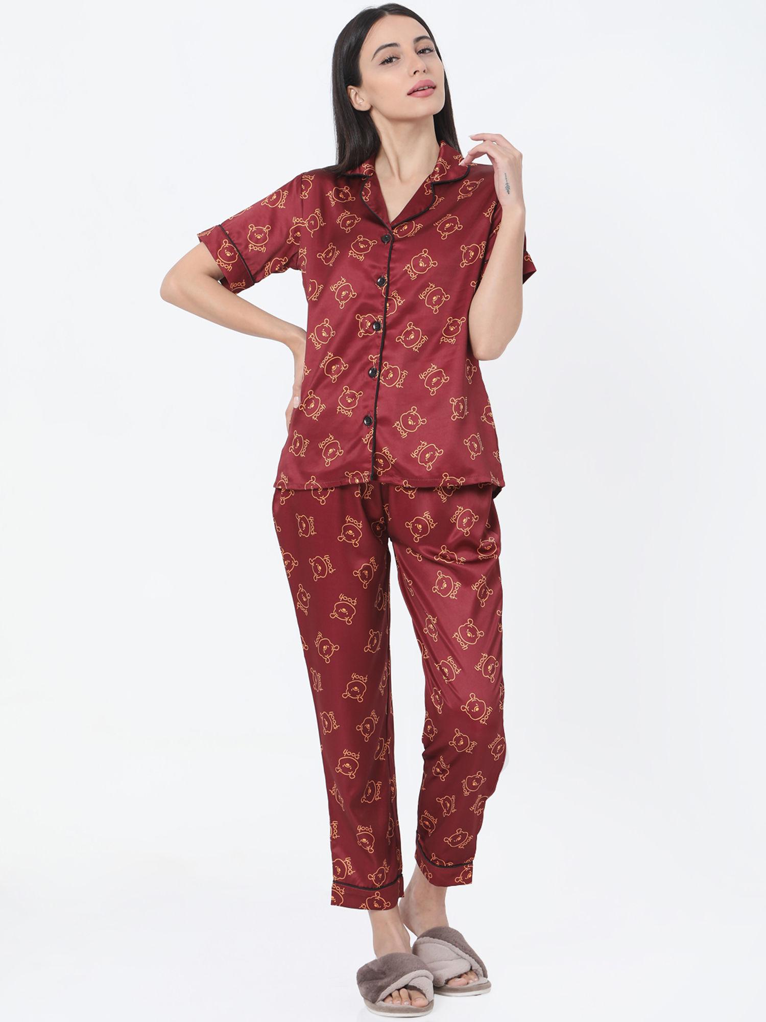 womens silk satin maroon pooh print night suit. (set of 2)