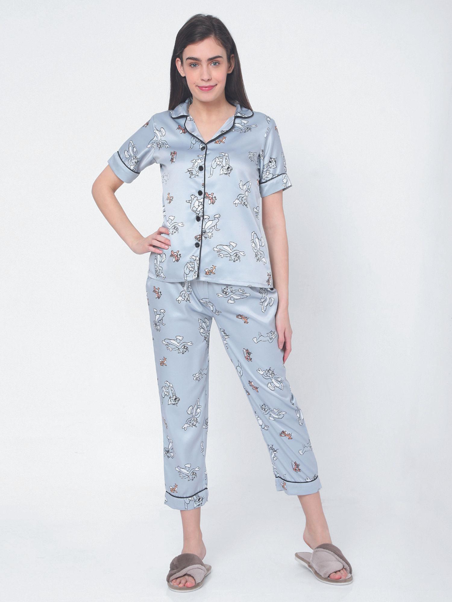 womens silk satin pastel grey tom & jerry print night suit (set of 2)