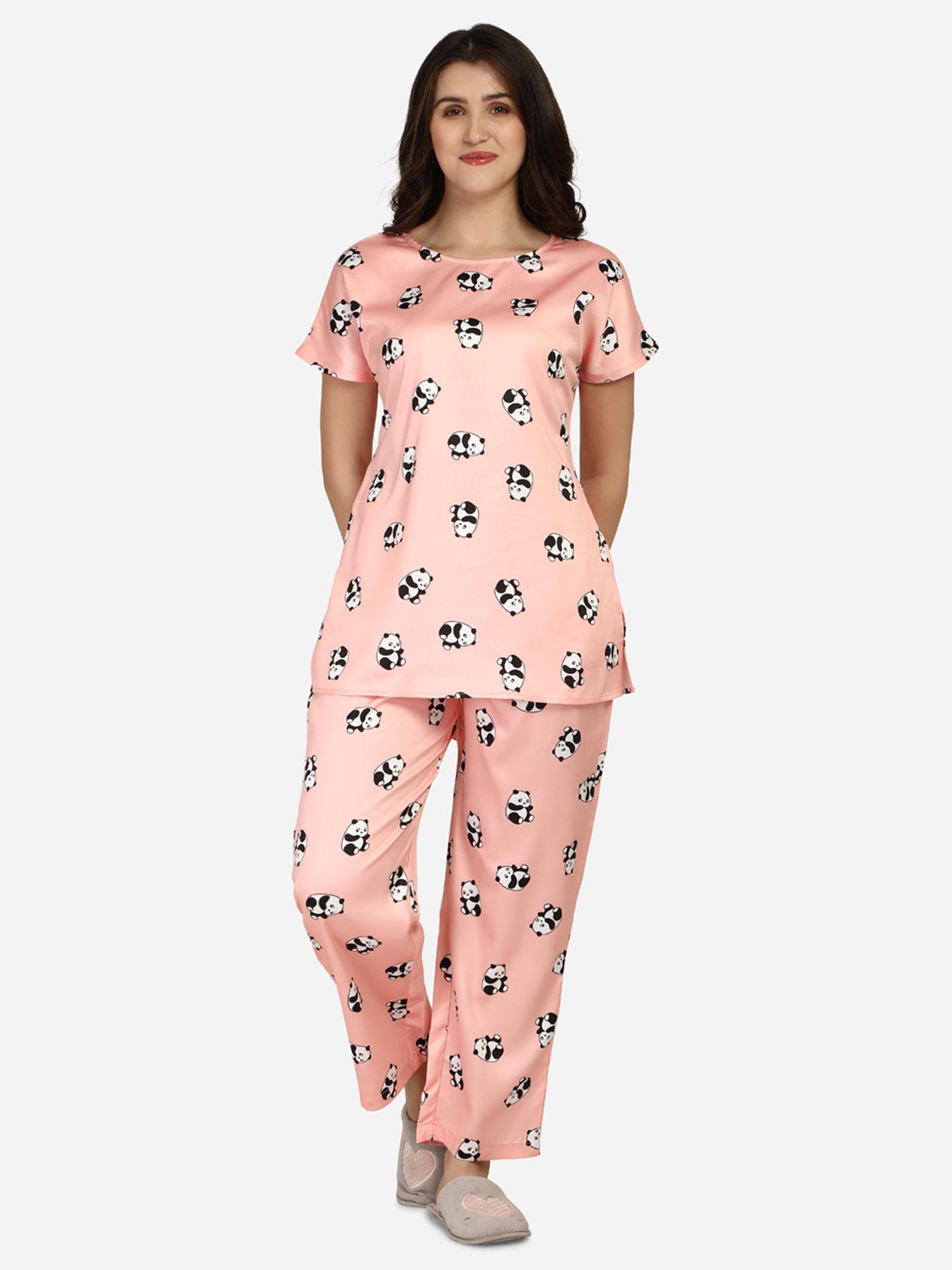 womens silk satin pink panda print night suit (set of 2)